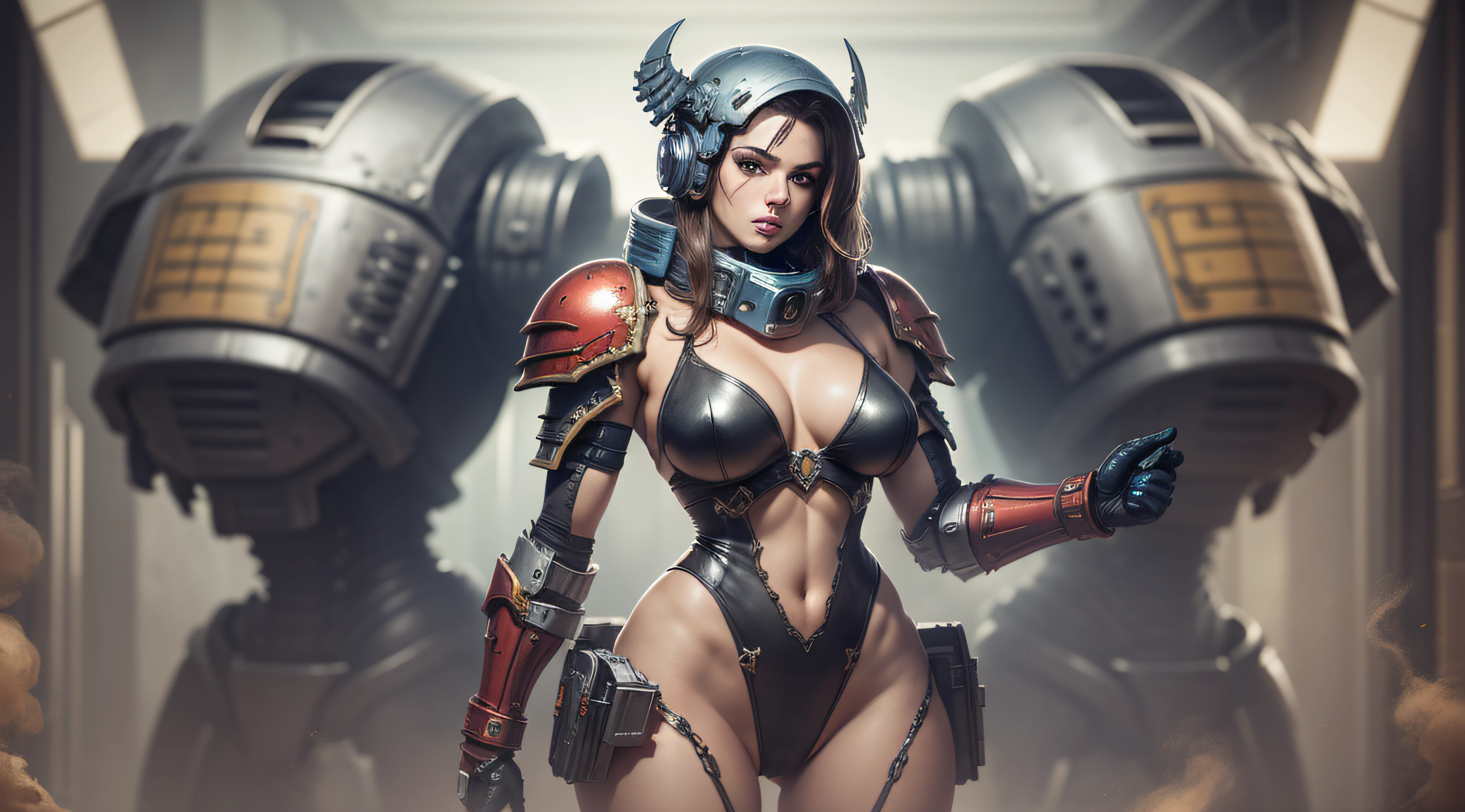 Linda mulher, corpo inteiro, vestindo armadura estilo master chef, doom, warhammer 40.000 lindo e decotado, corpo escultural, usando mecha de metal desgastado,