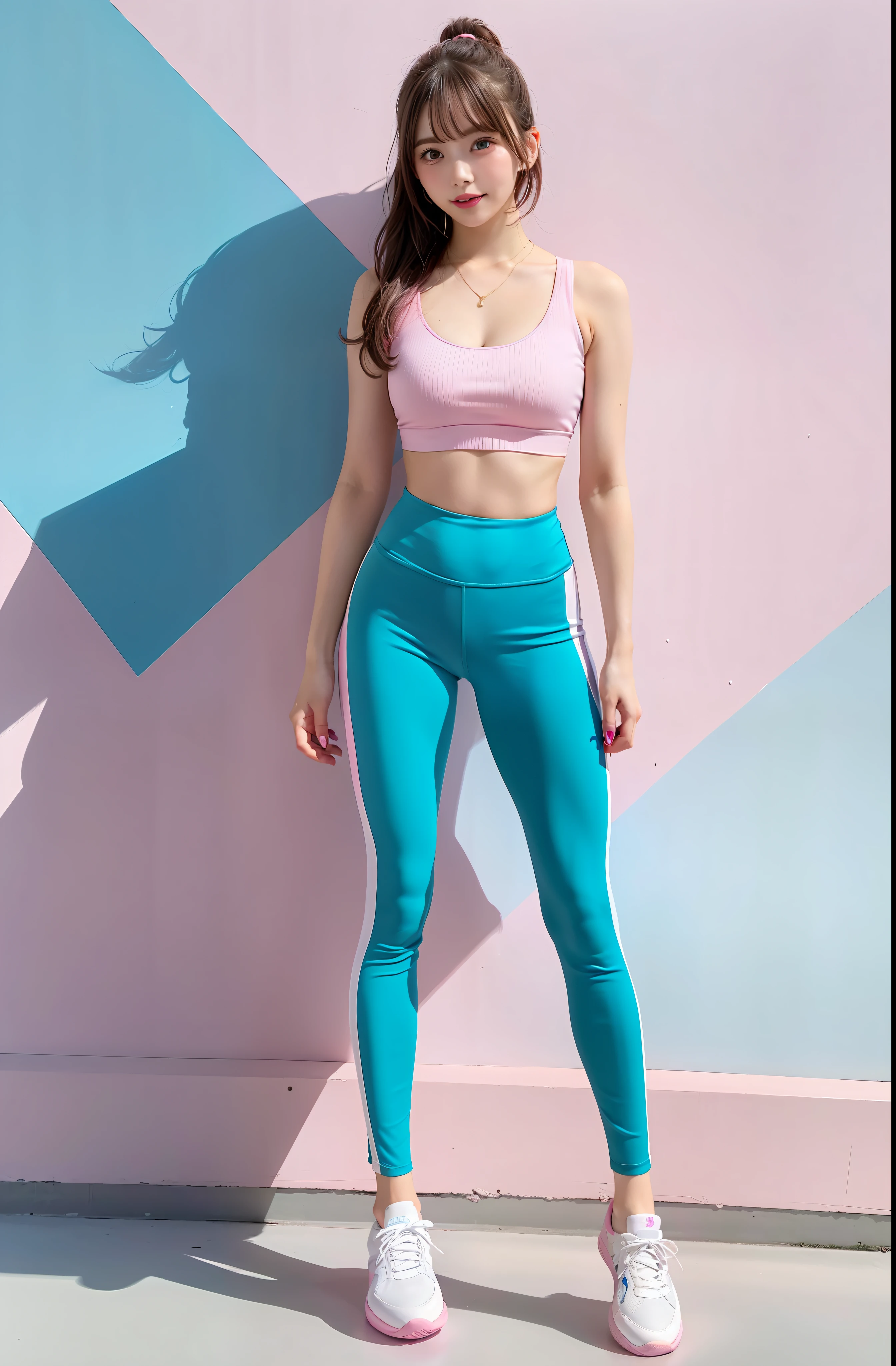 Allard woman in pink bra top and pink leggings and white sneakers standing in front of a pink wall, Pink and blue-green, bubblegum body, Teal and pink, with teal clothes, photo of slim girl model, skinny waist and thick hips, cute sportswear, mais conhecido como Amouranth, In colors hot pink and cyan, amouranth, fit girl