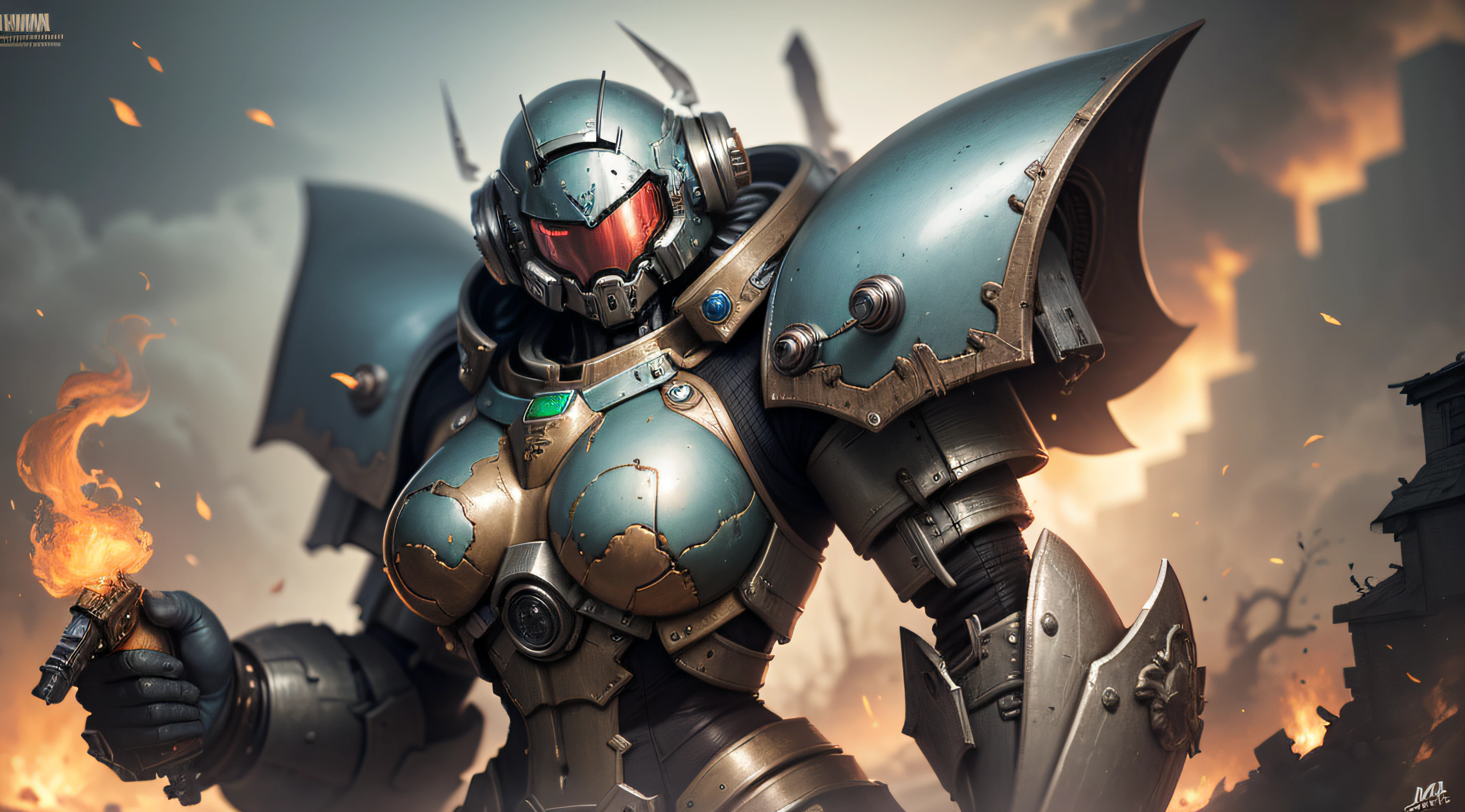 Linda mulher, corpo inteiro, vestindo armadura estilo master chef, doom, warhammer 40.000 lindo e decotado, corpo escultural, usando mecha de metal desgastado,