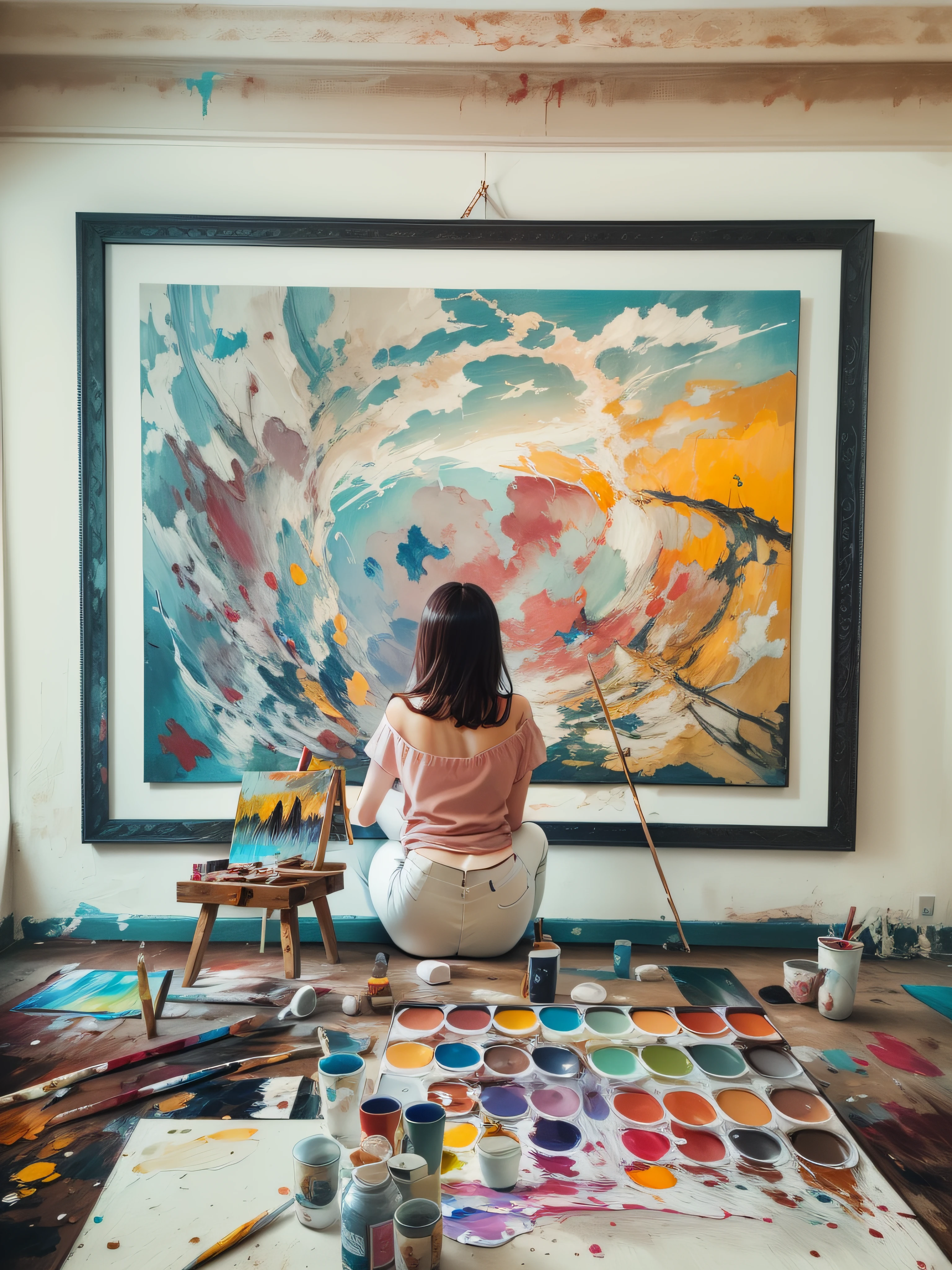 a woman is painting on a canvas in a room with paintings, painting art, paiting, painting art work, painitng, painting, painting, best painter in the world, artistic painting, painting on a canvas, painting come to life, professional artwork, art painting, trending artwork, master painting, exquisite painting, paining, in her art room