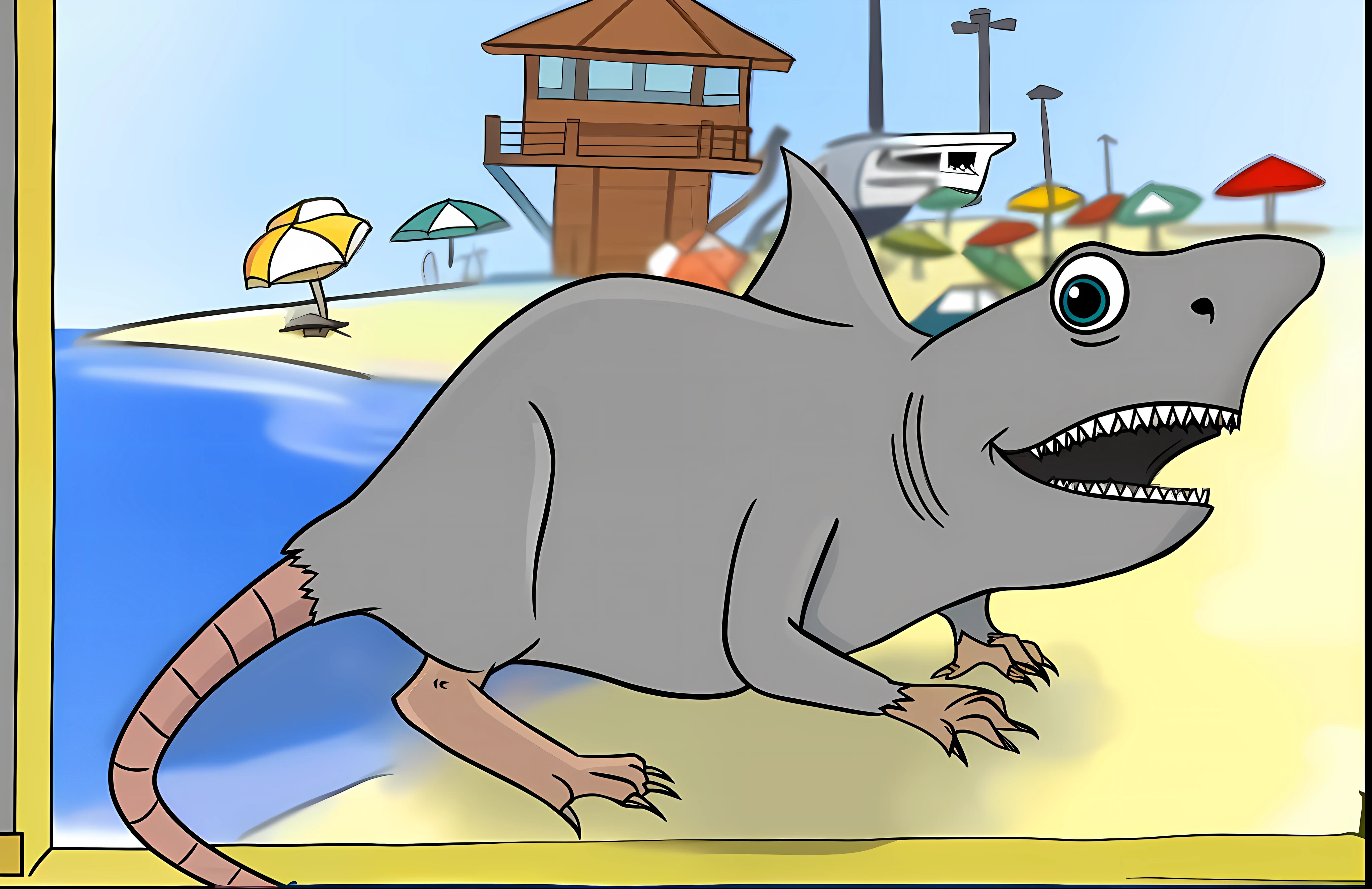 desenho animado de um rato na praia com uma casa de praia no fundo, anthropomorphic shark, shark cat hybrid, shark anthony, shark man, shark and guitar, half shark alligator half man, thresher shark human hybrid, animation movie still, animado ainda, Shark, A shark, desenho animado ainda, half wolf half shark, animation still, animation movie still