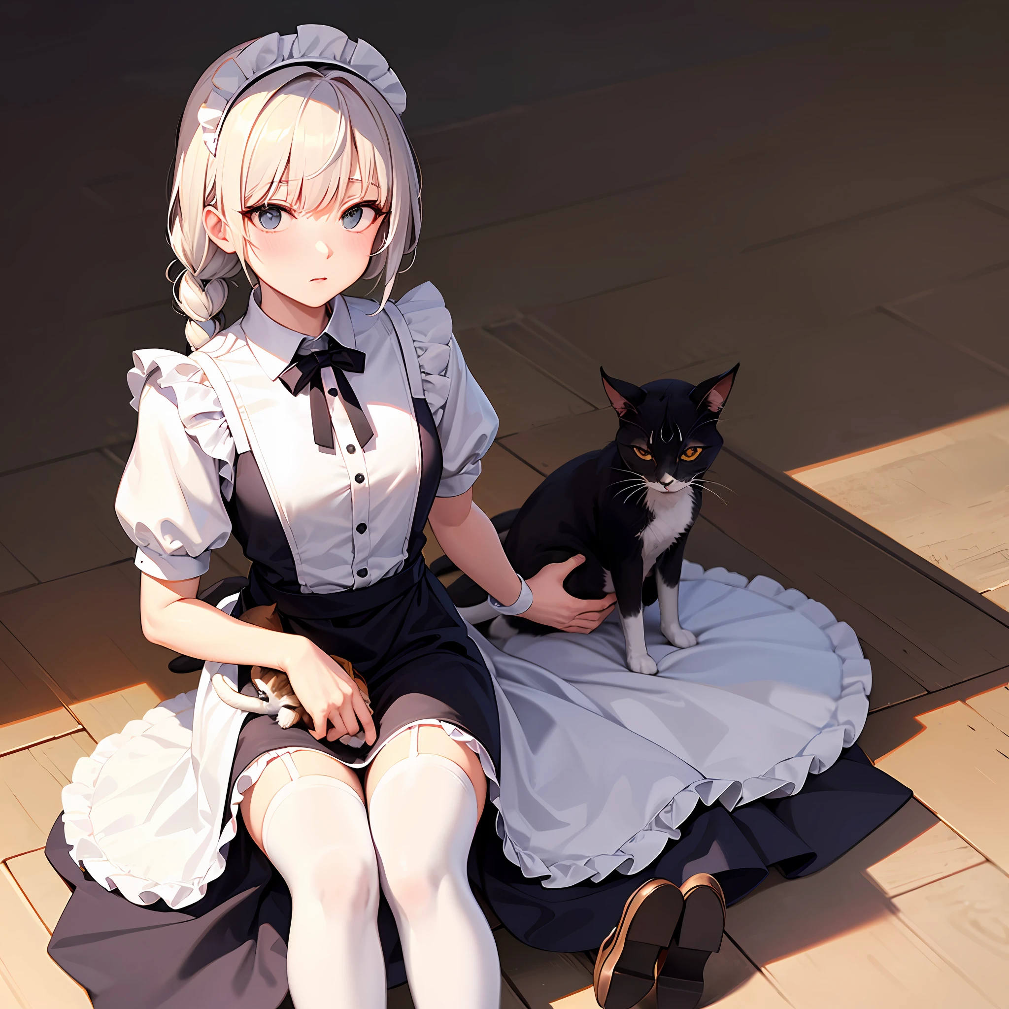 whaite hair,dual horsetail,maidennurse,sat on the ground,holding cat,the maid outfit,White color hair,dual horsetail,The cat was in his arms,Look ahead,face towards me,solo person,full bodyesbian,medium distance,white stockings,Small leather shoes