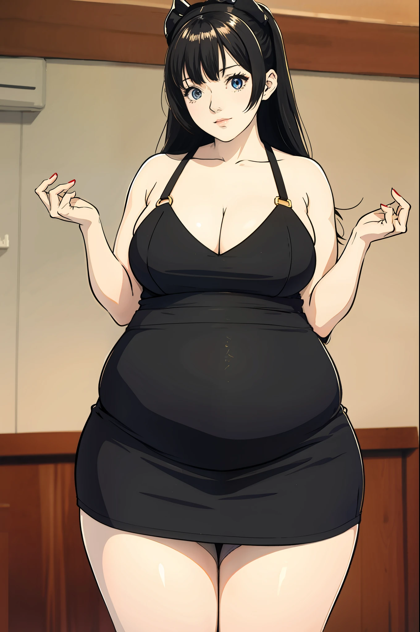 Personaje plump de anime de una mujer con un bikini en blanco y negro, small curvy , Ella tiene un vientre redondo y gordo y tembloroso, Thicc, Shikamimi, Hanayamata, OPPAI, Marin Kitagawa Fanart, barriga grande, Proporciones OPPAI, Aspecto pesado, Su vientre es gordo y redondo, Hestia, BBWCHAN, fondo blanco, estilo evangelion.