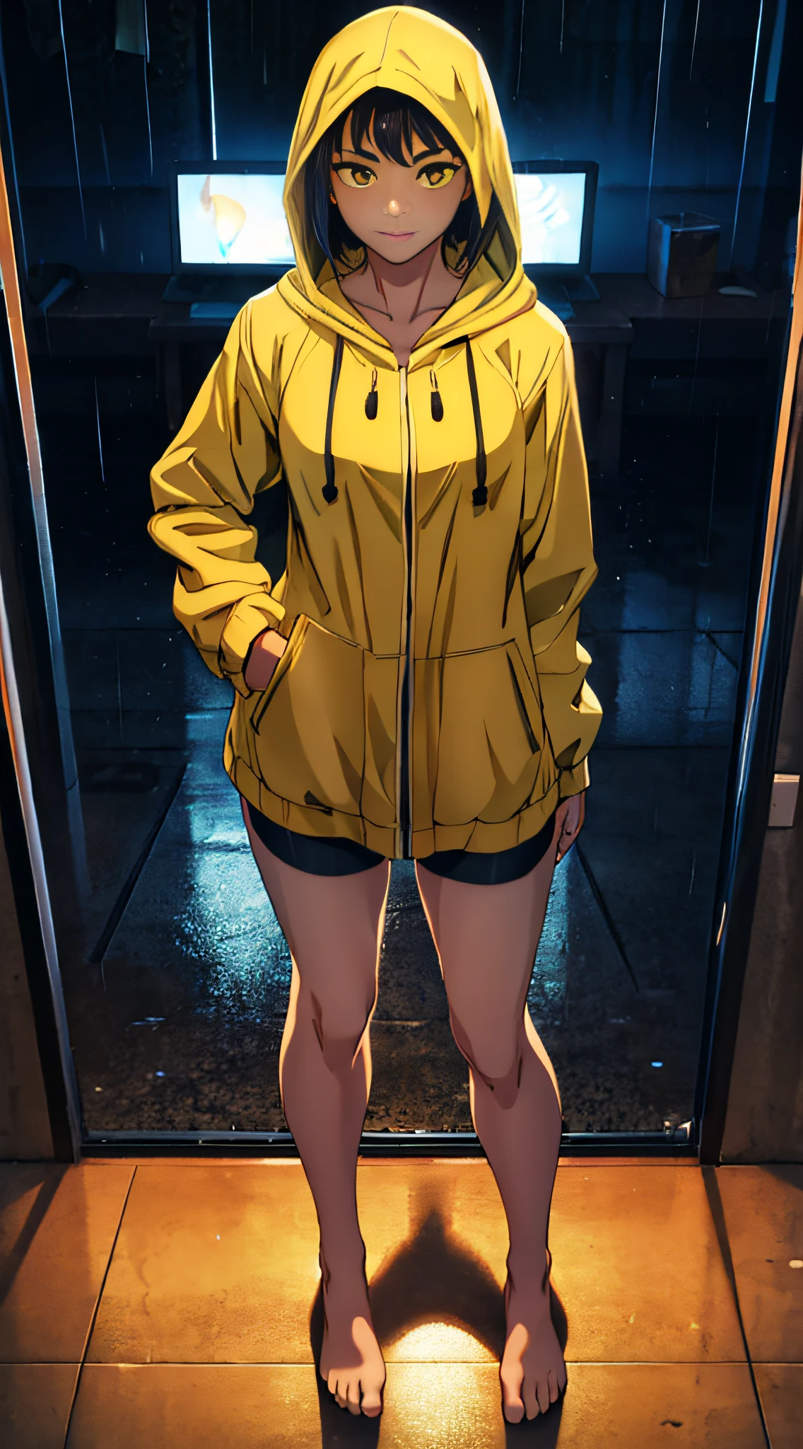 A young girl in a short yellow raincoat,Wearing a hood,full body pov,heavy rain poured,stand posture,naked leg,Barefoot