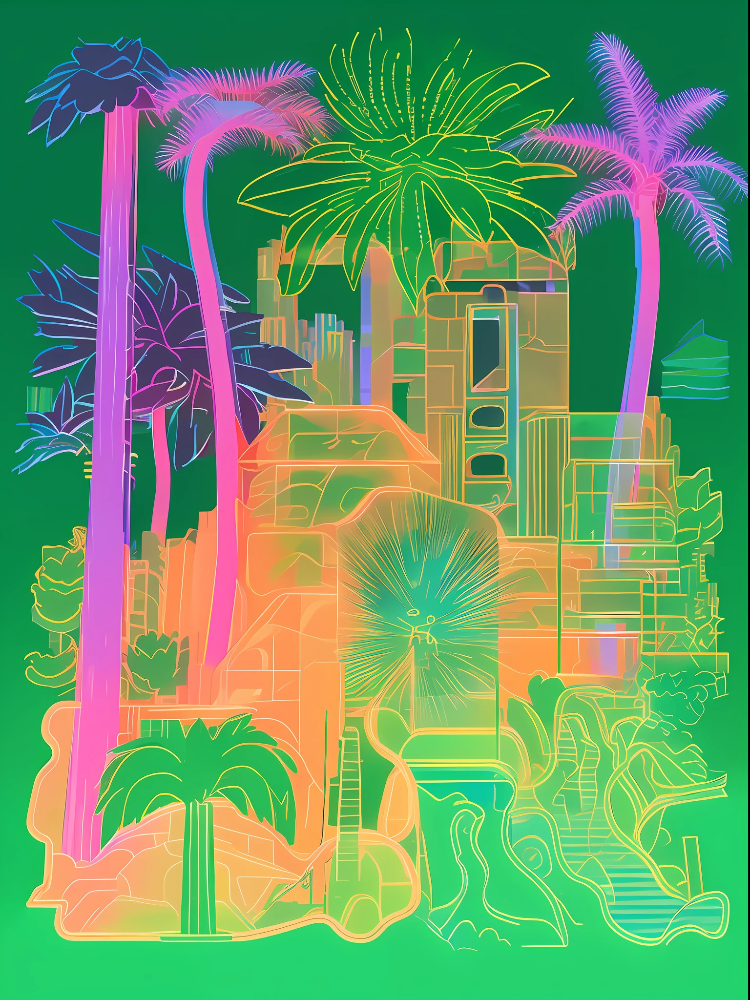 There are fireworks in full bloom in the center, Explosive fireworks,vaporwave jungle, Neon ancient ruins, neon landscape, in a tropical and dystopic city, neon jungle, psychedelic architecture, psychedelic landscape, maximalist maximalism vaporwave, maximalist maximalism vaporwave, maximalism digital art, tropical, an abstract tropical landscape, vaporwave mansion, vaporwave city, vaporwave art