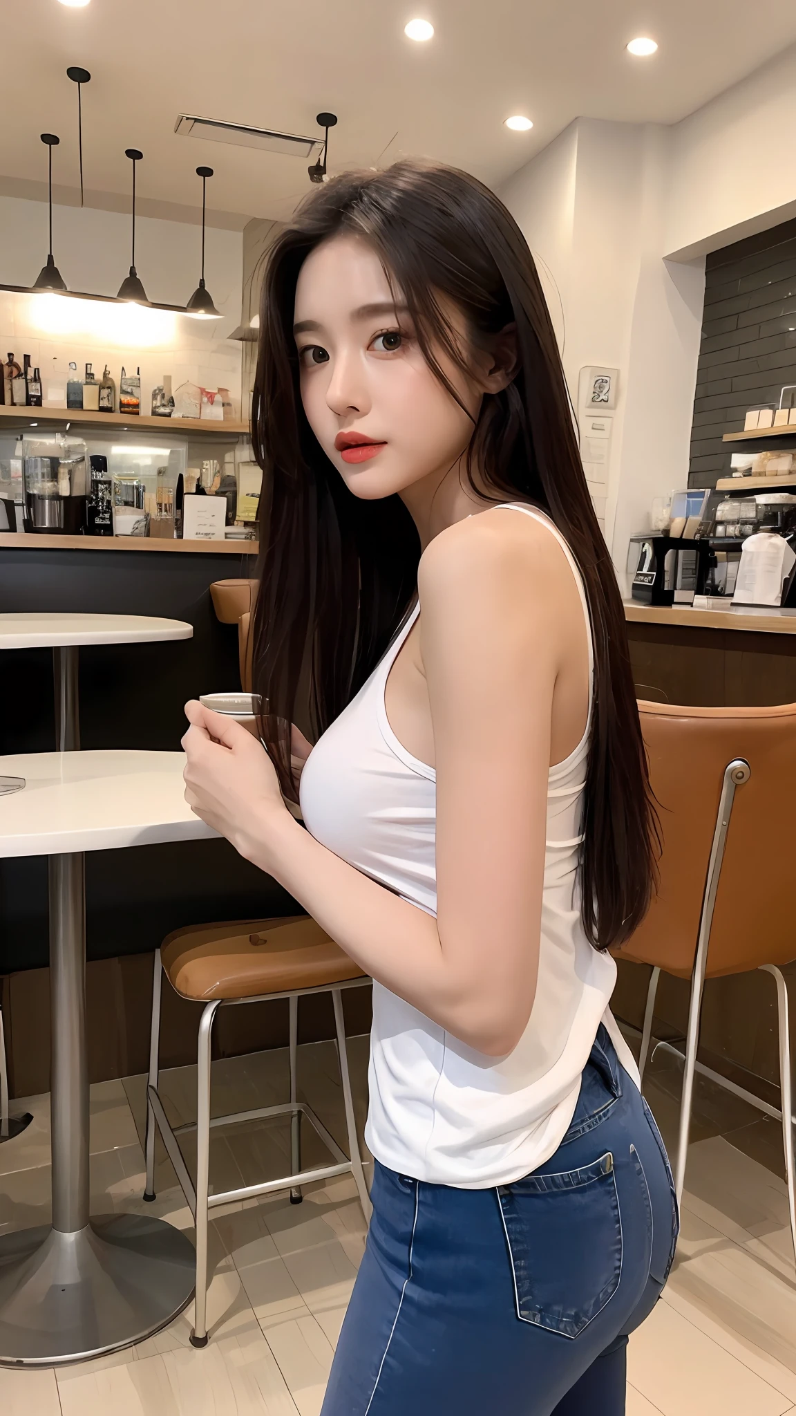 (realisticlying, A high resolution:1.3), 1 girl with a perfect body, Super fine face and eyes,long whitr hair, Tank top of random colors:1.2, short jeans pants, in a cafe, Coffee on the table, huge tit,tightsuit,The hands are on the back。