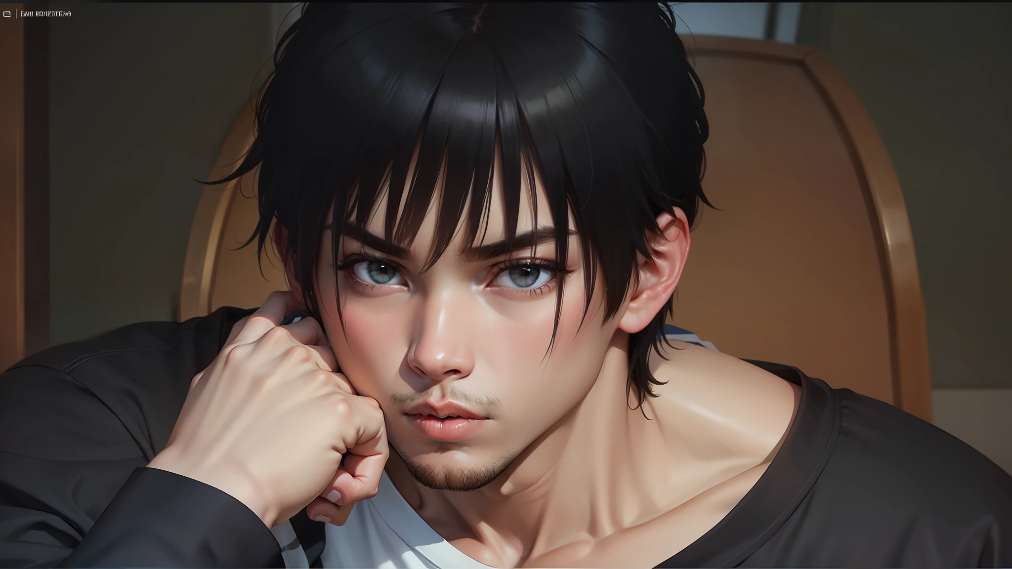 Boy, Adults, slanted eyes, ignorant, long sleave t shirt,Fist touches chin,Hands are clearly visible