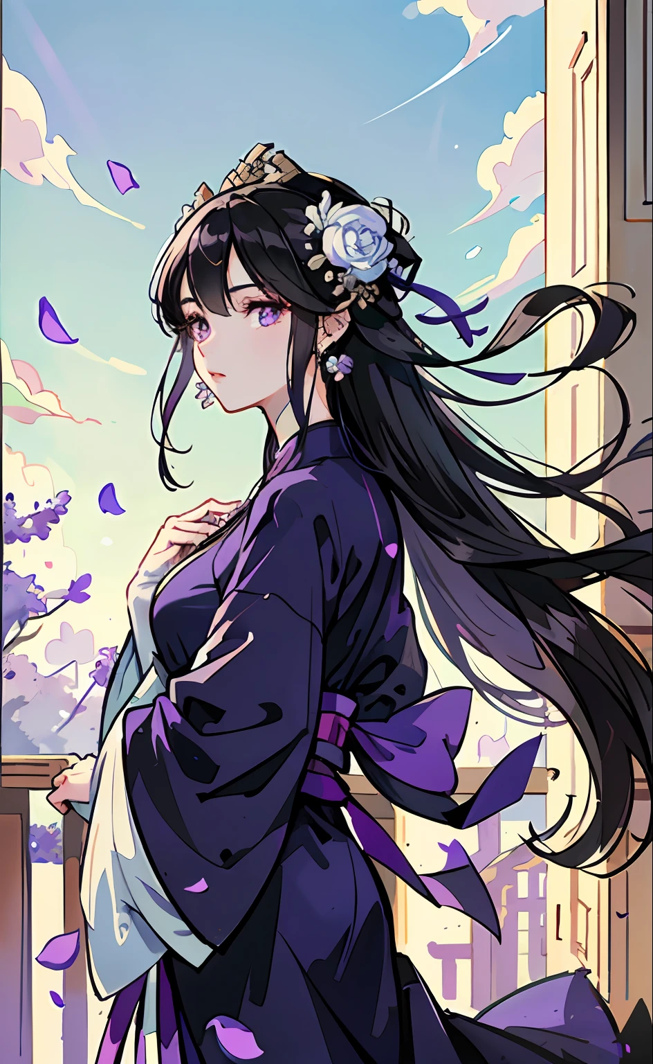 Gentle girl, purple eyes, black hair color, floating hair, delicate and flexible eyes, intricate damask hanfu, gorgeous accessories, wearing pearl earrings, FOV, f/1.8, masterpiece, ancient Chinese architecture, blue sky, flower petals flying, front portrait shot, Chang'e, side light, sunlight shining on people, 8K