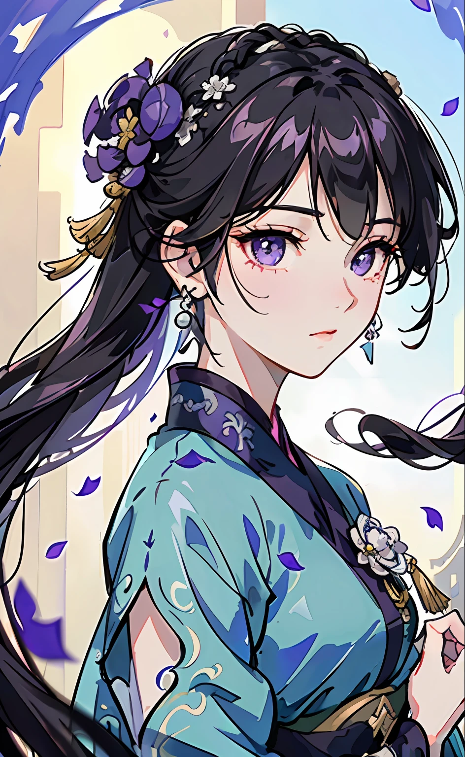 Gentle girl, purple eyes, black hair color, floating hair, delicate and flexible eyes, intricate damask hanfu, gorgeous accessories, wearing pearl earrings, FOV, f/1.8, masterpiece, ancient Chinese architecture, blue sky, flower petals flying, front portrait shot, Chang'e, side light, sunlight shining on people, 8K