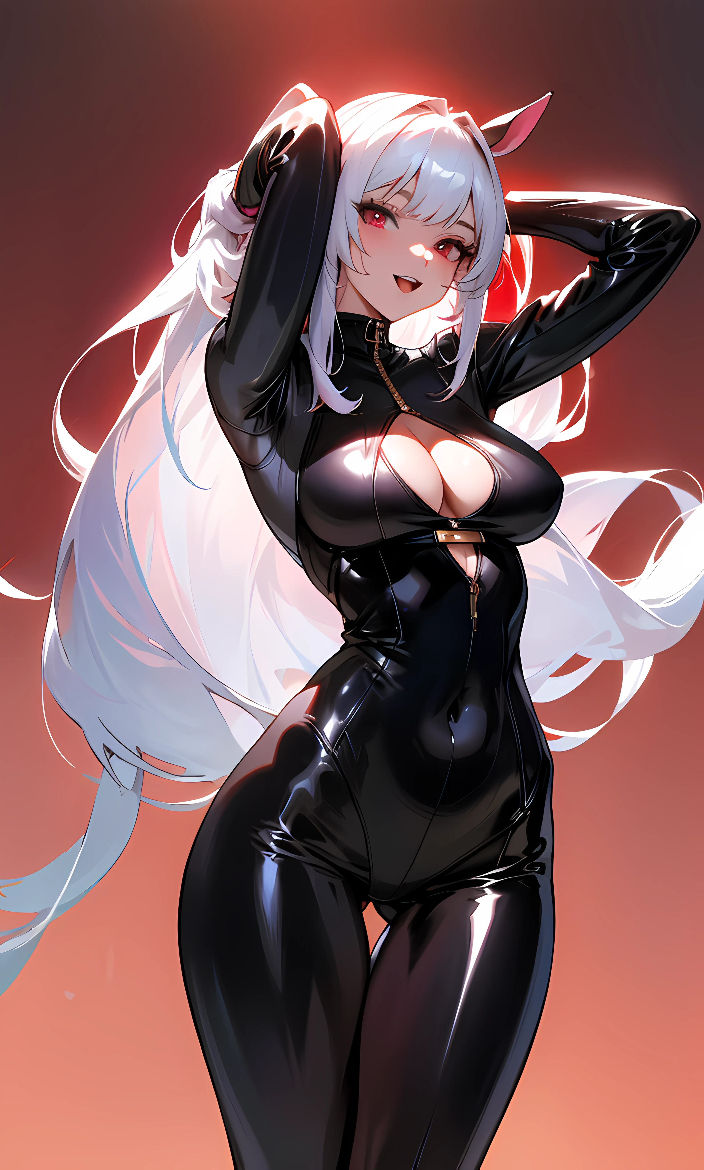 Thigh perspective,slender leg,Bottom-up,Black high heels,black lence stockings(RAW photo, Best quality, Mastery:1.2), (Realistic, photo-realistic:1.4),(Masterpiece:1.4),(Best quality:1.4),1girll, Solo, :D, Ear headphones, beast ear, Arms up,By bangs,Be red in the face,Tights,nedium breasts,rabbit pose,Clothes writing,Cover the navel,cowboy lens,Cropped jacket,fakeanimalears,mitts,hair intakes,Earphone,impossible bodysuit,Impossible clothes,jaket,huge tit,latex,latex body suit,long whitr hair,longer sleeves,huge tit,Multicolored gloves,with her mouth open,Pink tights,Pink eyes,red color eyes,red blous,shinning clothes,shrugged shoulders\(The clothes ar\),side locks , tight-fitting, ssmile, Thigh crevices, upper legs, dual horsetail, Very long hair, whitegloves, White hair, Alice\(Nikke\),(Shiny skin), realisticlying,tmasterpiece,Best quality at best,1girll,Young girls,with brown eye,Drill hair,Light shades_face,shiny skins,(nice leg line:1.3),Big breasts Thin waist,gigantic cleavage breasts, sunder , opera_house, ,depth of fields,,squatt,From the front,full bodyesbian