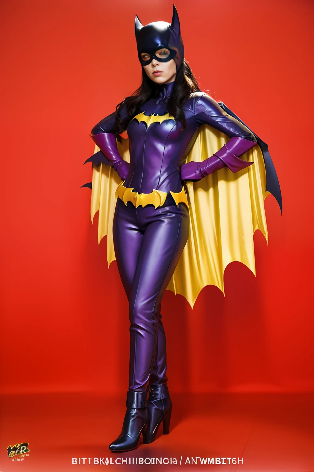 a close up of a woman in a purple and yellow batman costume, Batgirl, Maika Monroe Batgirl, inspirado por Bruce Timm, Anigirl Batman, Karen Gillan Batgirl, por Wayne England, Batwoman, por Bruce Timm, por Bob Ringwood, Estilo Alex Ross, por Richard Mayhew, inspirado por Alex Ross, Chris Moore. Artgerm