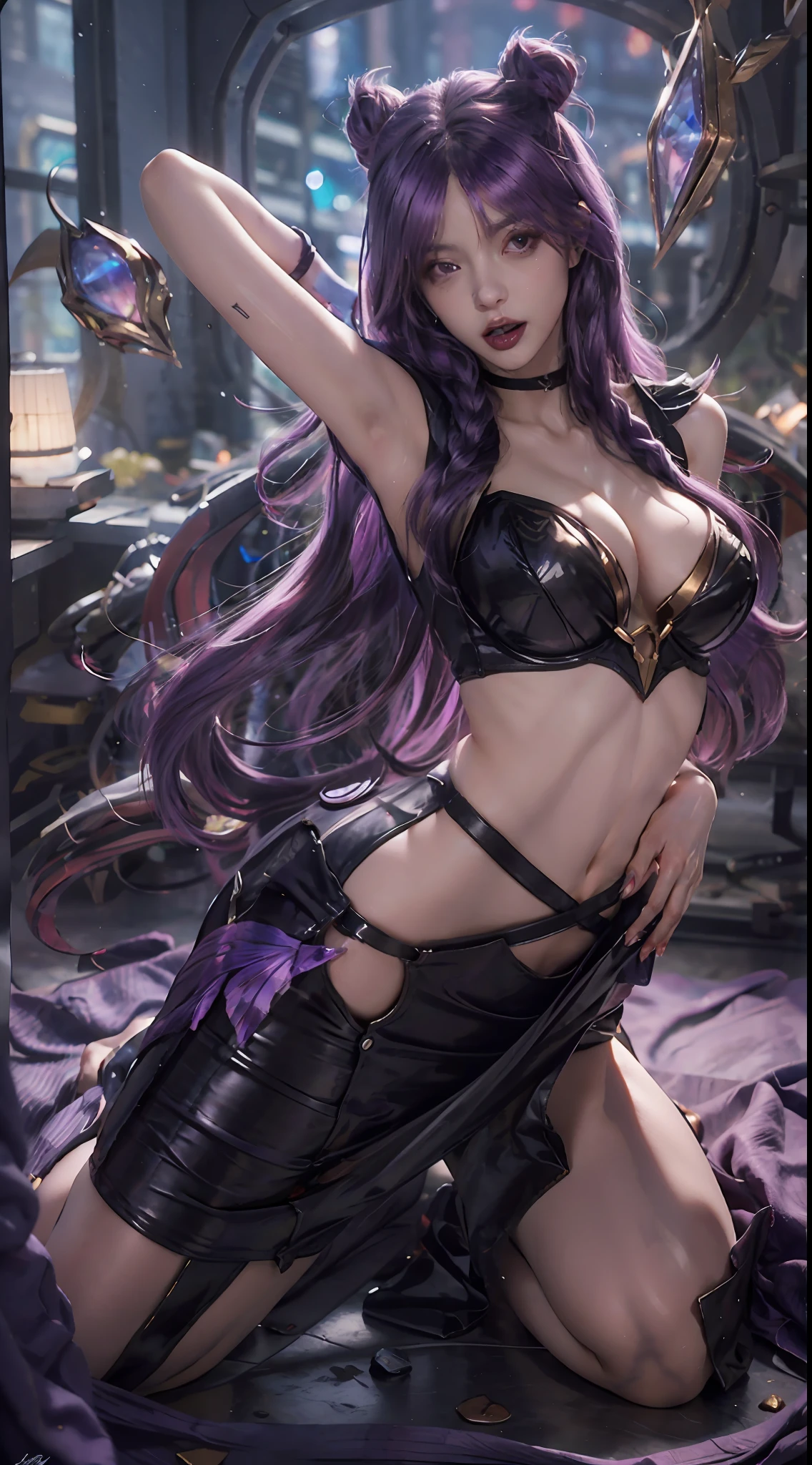 1girl,kai'sa,league of legend,Kasha,KDA,Purple wings,deep purple hair,Purple eye,The expression of ,intense glare,looking at viewert,from back,(dynamicposes),(Wings of the Void),arma,tmasterpiece,tmasterpiece, High- sharpness, high high quality, Detailed face, detailed body render,Beds, Sleeveless shirt, , Dark lips, exhibitionism,No bras, breasts out, Be red in the face,Full body photo,Orgasmic face,Mouth open,The tongue is pulled out ,cross-eye