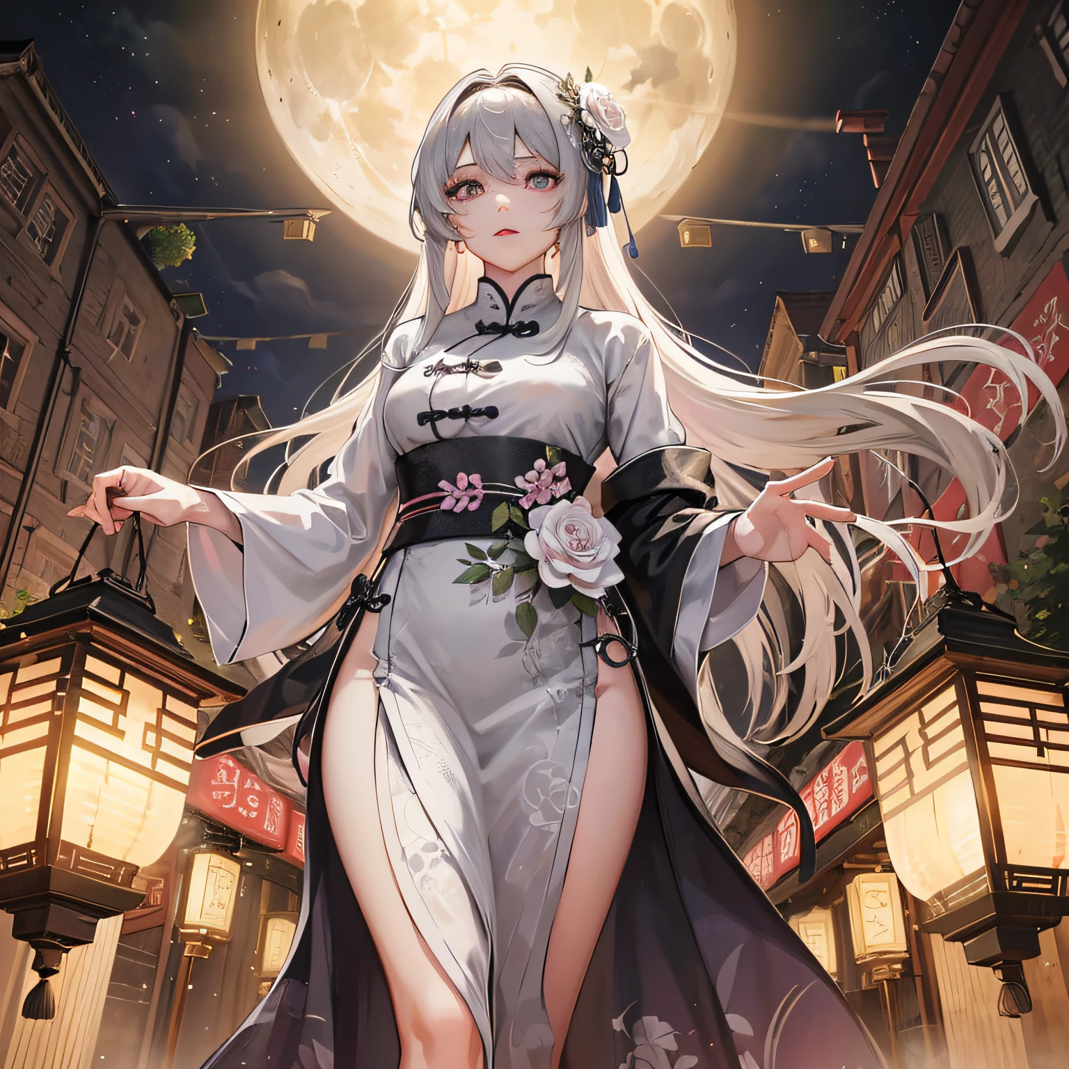 Masterpiece, Best quality, Night, full moon, 1 girl, Mature woman, Chinese style, torn laundry,Ancient China, Sisters, Royal Sisters, Grim expression, Faceless, Silver white long haired woman, Light pink lips, calm, Intellectual, tribelt, Gray pupils, assassins, Flower lanterns, holding lantern, flower ball background, Stroll through the street landscape --auto
