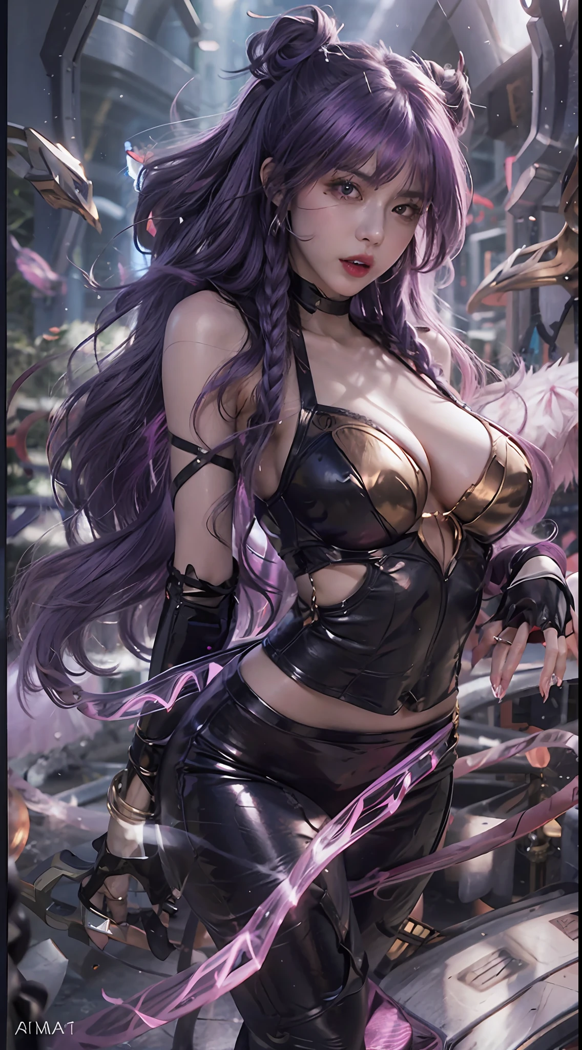 1girl,kai'sa,league of legend,Kasha,KDA,Purple wings,deep purple hair,Purple eye,The expression of glare,looking at viewert,from back,(dynamicposes),(Wings of the Void),arma,tmasterpiece,tmasterpiece, High- sharpness, high high quality, Detailed face, detailed body render,Beds, Sleeveless shirt, , Dark lips, exhibitionism,No bras, breasts out, Be red in the face,Full body photo,Orgasmic face,Mouth open,The tongue is pulled out ,cross-eye
