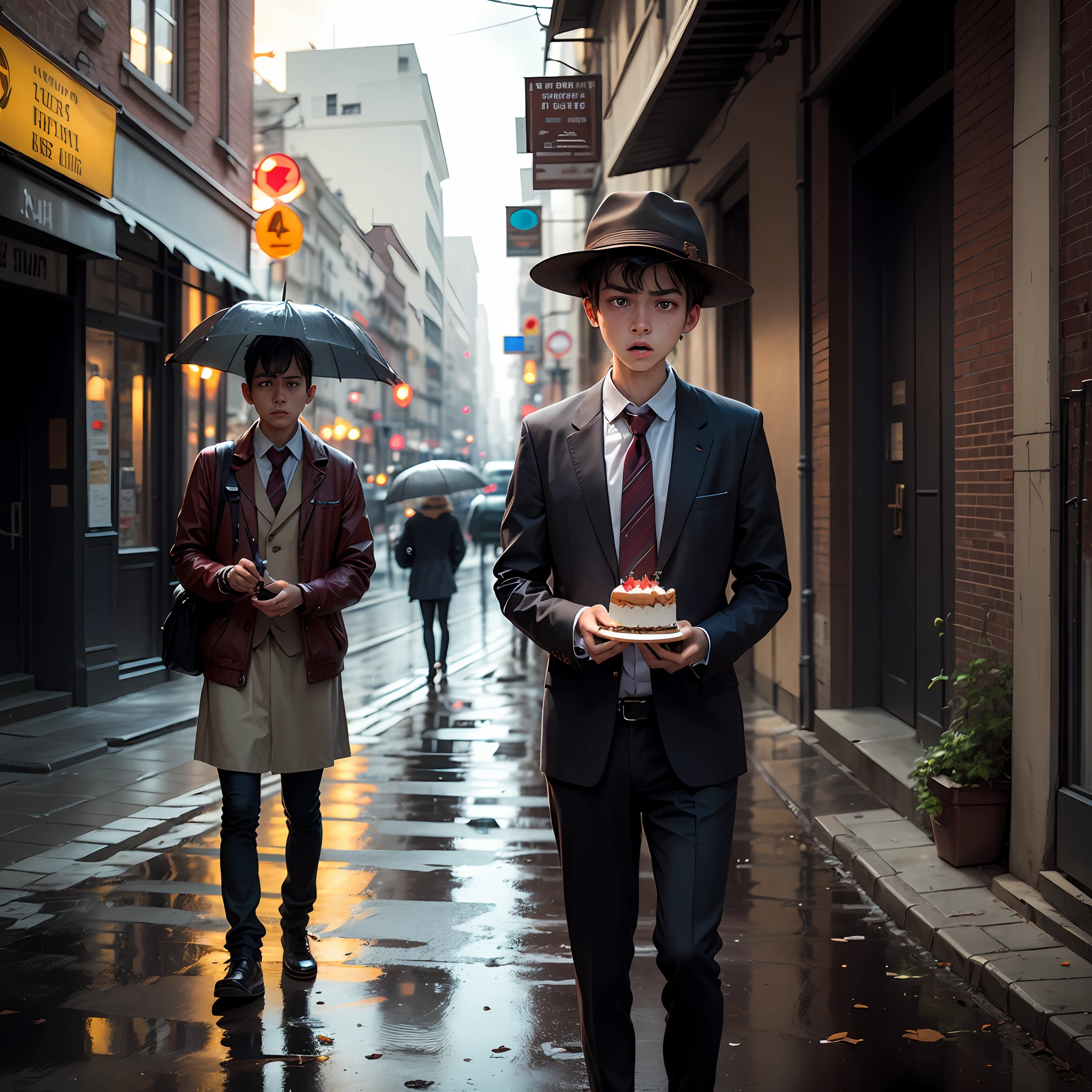 schoolboy,The expression is helpless and sad,Broken cake in hand,Stand on the street on a rainy day at night,Brilliantly lit --auto