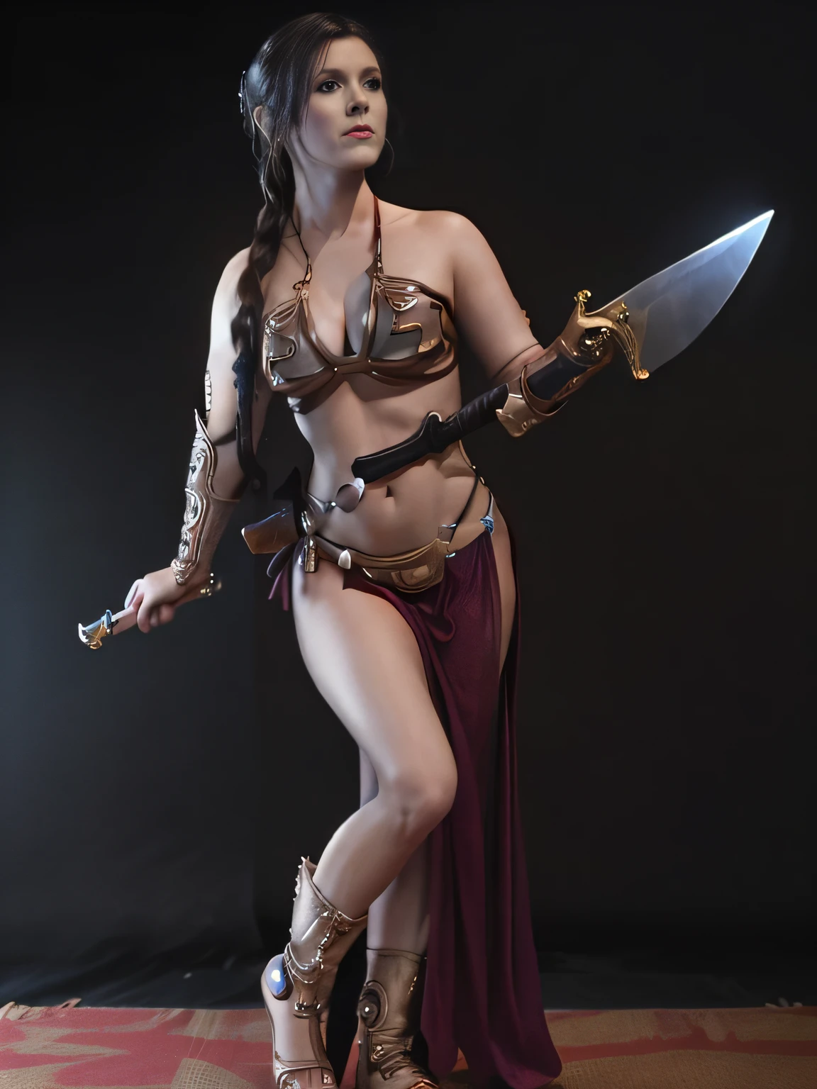 Una mujer en bikini y una espada posando para una foto, Personaje de Star Wars, Princesa Leer, cinematic goddess body shot, Jedi femenina, star wars film look, rey, jessica nigri, personaje femenino en solitario, por Hiroyuki Tajima, Guerrera adulta del norte, guerrera, por Eddie Mendoza, Hermosa guerrera, cosplay glamuroso, she is holding a sword