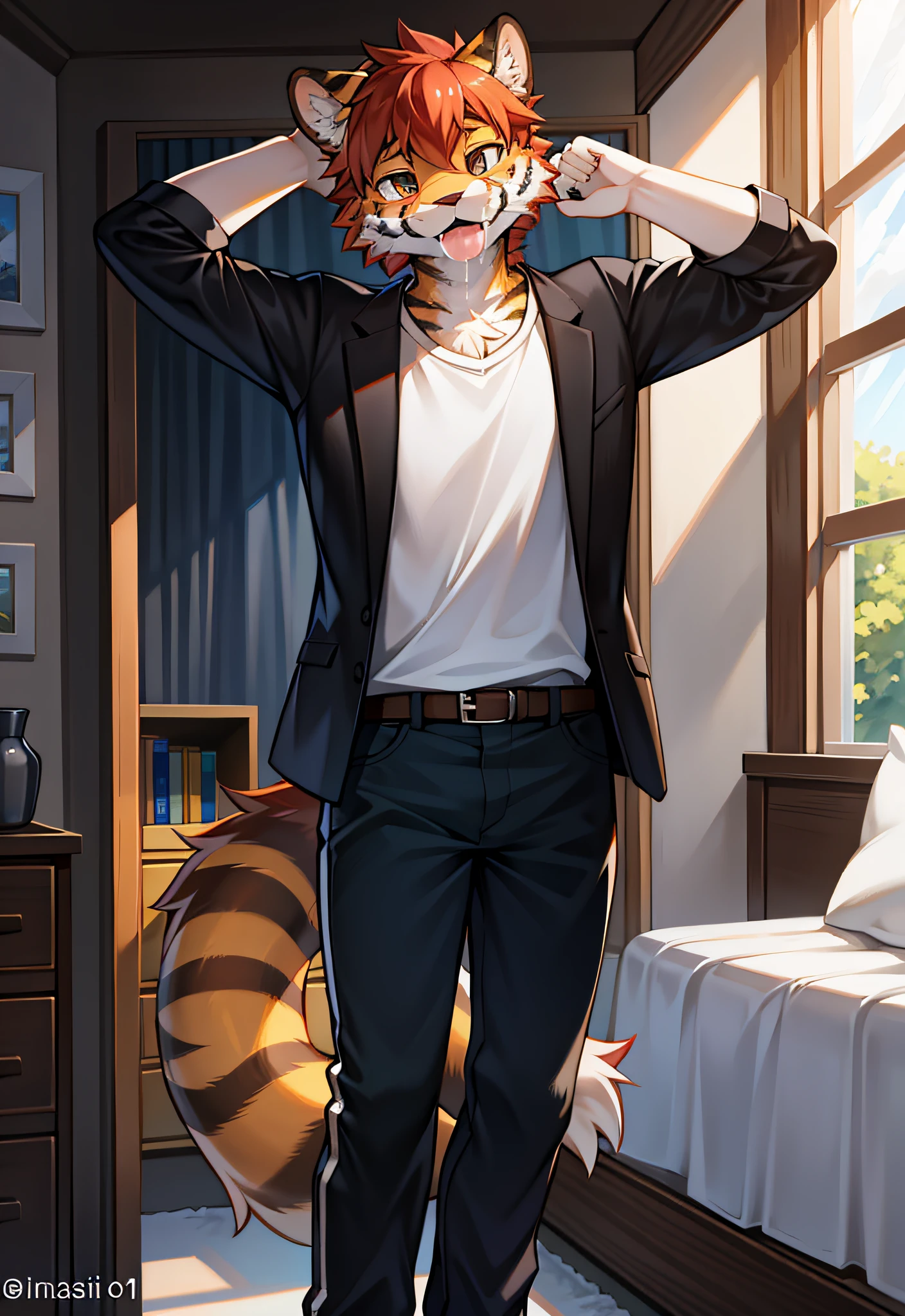 (Furry art,Uploaded on e621:1.4),(tmasterpiece:1.3),(best qualtiy:1.2),(2D:1.0),(illustratio:1.0),(Sharp:1.2),(Light_environment),(onbed),(Pubic area is clear,Shiny:0.8),(impasto:1.1),(ultra - detailed:1.0)(1boys,Solo exhibition),(shaggy:1.6),(a tiger:1.2),(Robust)(Tall)(strong)(shorter pants)(Milk in his mouth)(Open-mouthed)(Be red in the face)(is shy)(male people