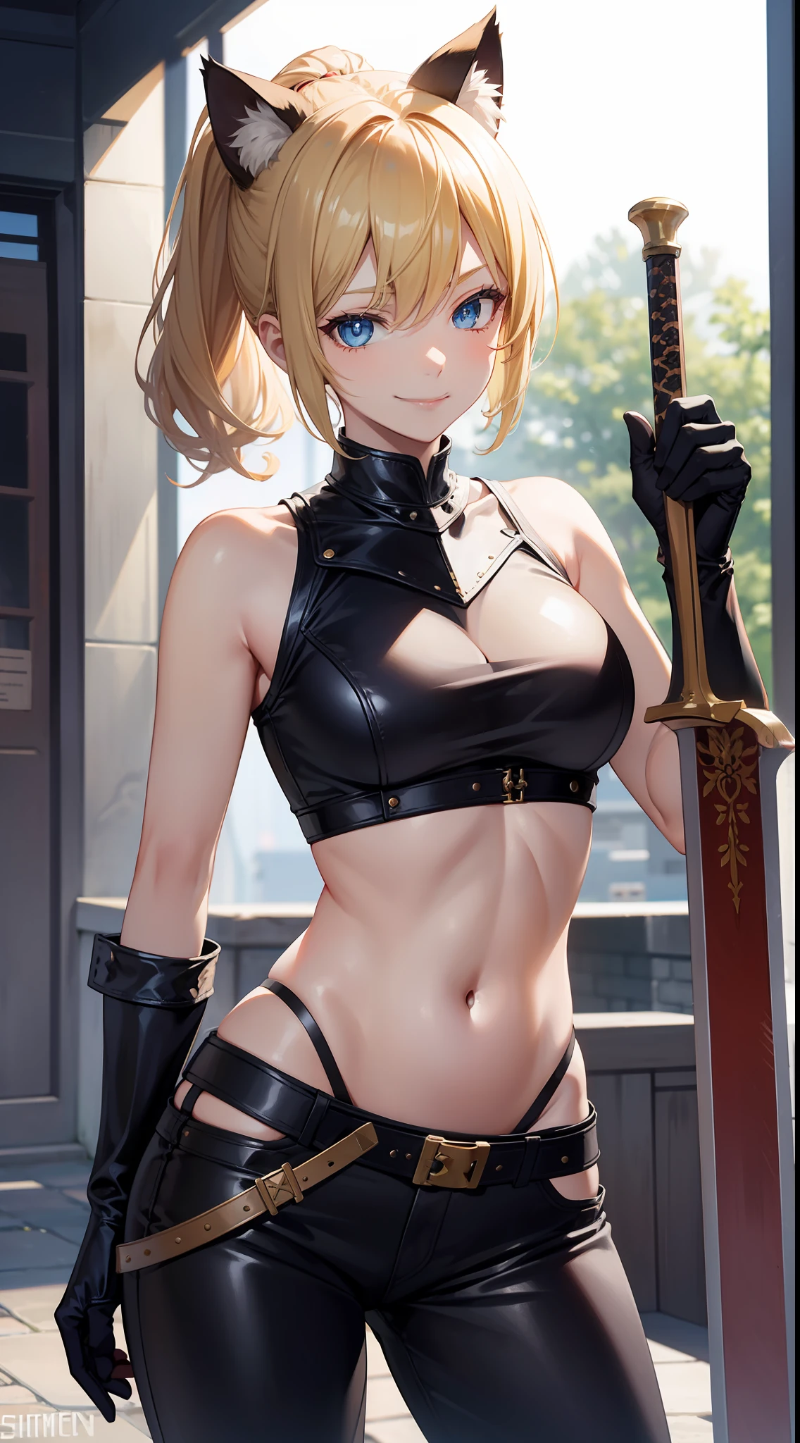 Tall girl, short blonde hair, high ponytail, cat ears, blue eyes, leather armour, open belly, pants, smirk, a sword, Masterpiece, hiquality