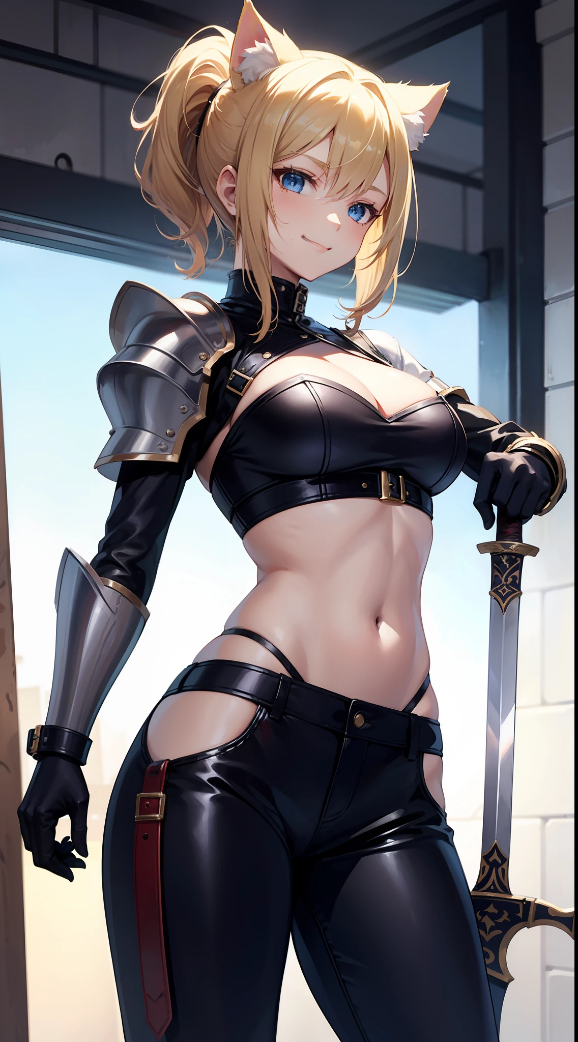 Tall girl, short blonde hair, high ponytail, cat ears, blue eyes, leather armour, open belly, pants, smirk, a sword, Masterpiece, hiquality