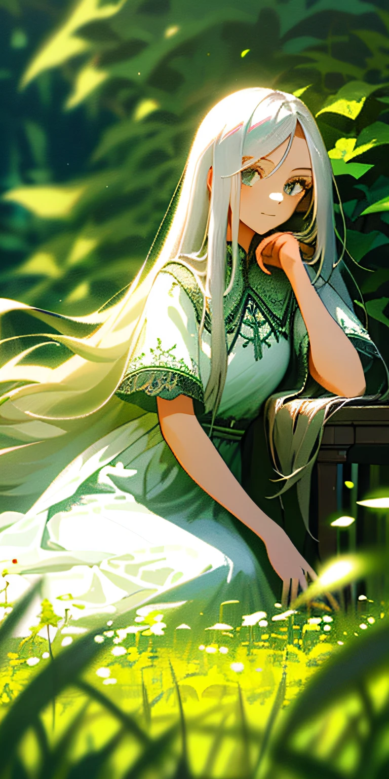 (masterpiece, best quality),1girl with long white hair sitting in a field of green plants and flowers, her hand under her chin, warm lighting, white dress, blurry foreground