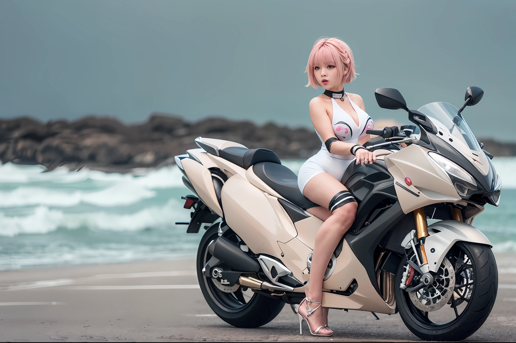 top-quality、超A high resolution、女の子1人、Black tight skirt、Black choker、(huge-breasted:1.2)、high-heels, Riding a motorcycle, Pink short hair, White swimsuit, Photo, The background is the sea,Live Action,japanes