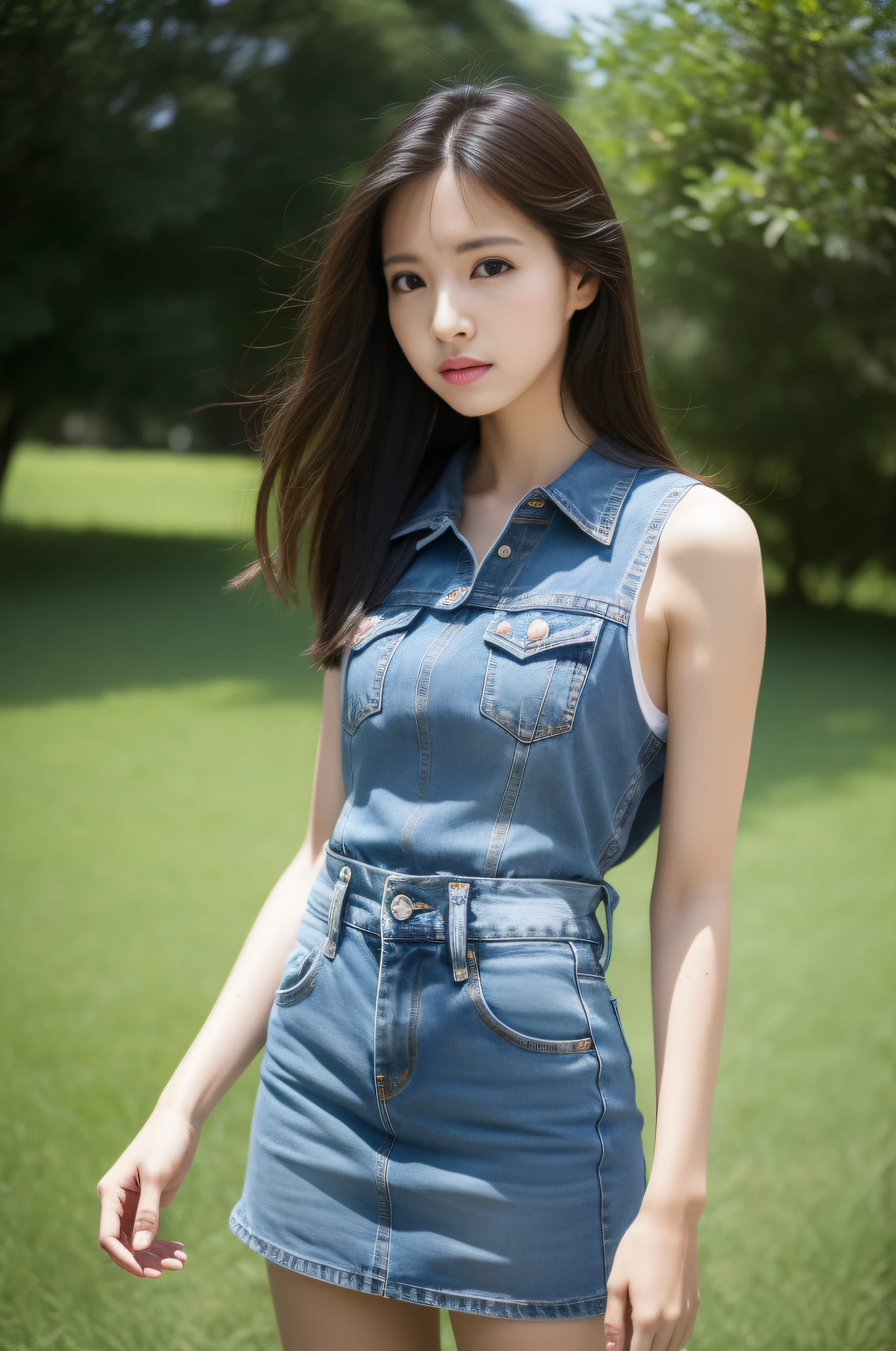 An Asian girl，Delicate facial features，Vivid eyes，Tall and tall，tmasterpiece，8K，primitive,professional photoshooting，depth of fields，short denim skirt，fully body photo，dynamicposes