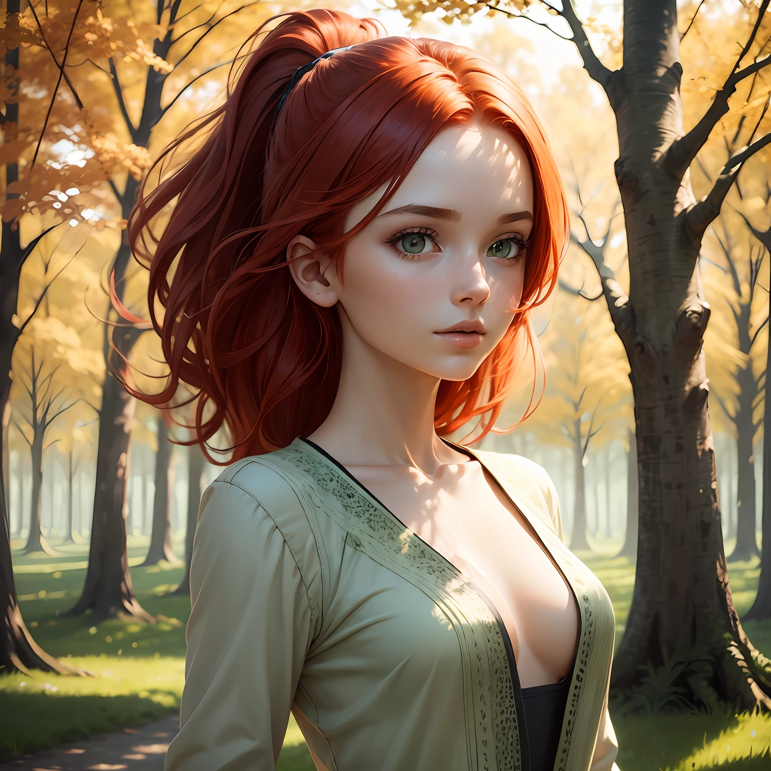 best qualtiy， tmasterpiece， Red hair，A girl， exteriors， The upper part of the body， Realistis，Floating hair， Detailed face，springtime，Green trees，Sunshine --auto