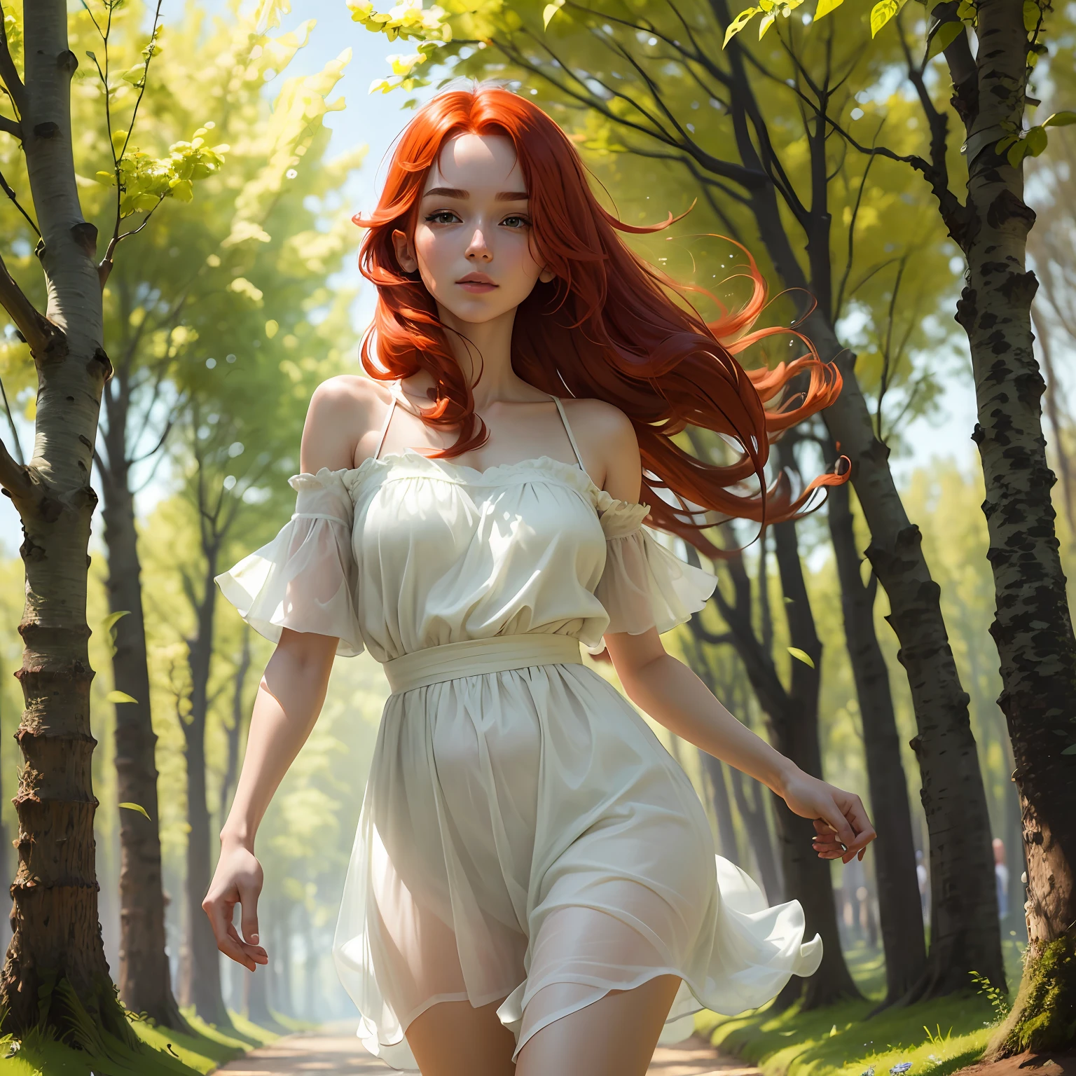 best qualtiy， tmasterpiece， Red hair，A girl， exteriors， The upper part of the body， Realistis，Floating hair， Detailed face，springtime，Green trees，Sunshine --auto