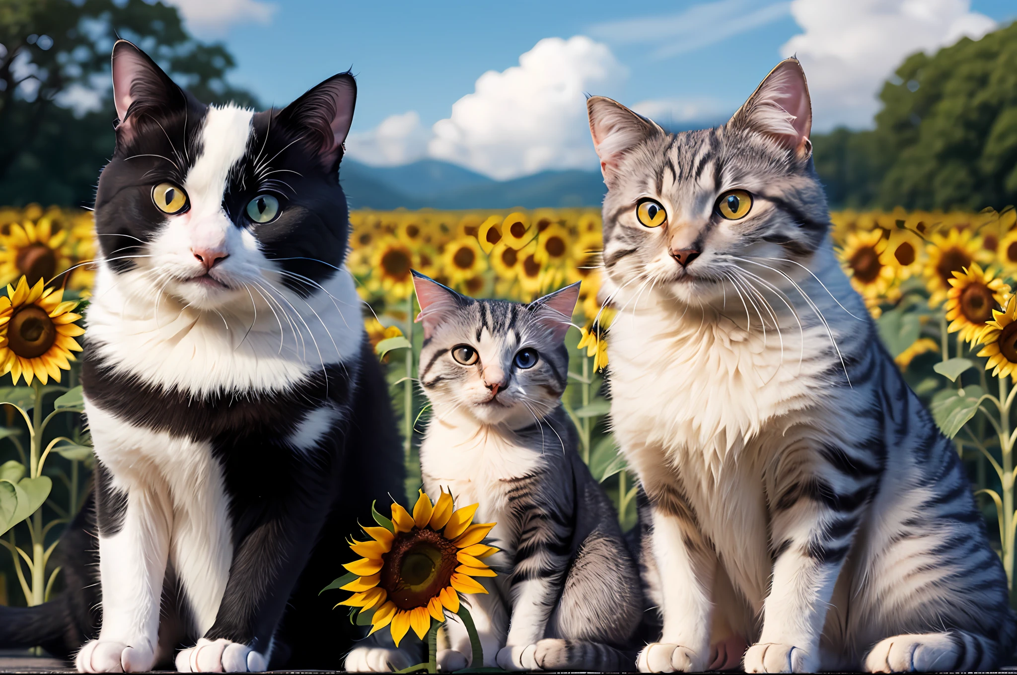 Animal photos。White puppet cat and tanuki sitting together,Close-up,Cats are cute expressions,A sunflower flower on the head。Moe lineage;the background is in the sun,with blue sky and white clouds