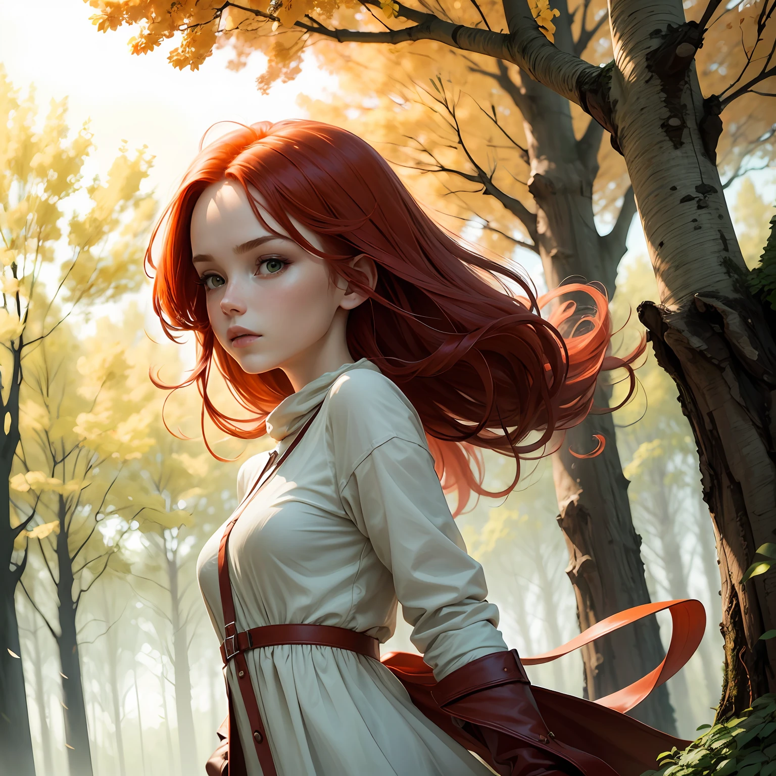 best qualtiy， tmasterpiece， Red hair，A girl， exteriors， The upper part of the body， Realistis，Floating hair， Detailed face，springtime，Green trees，Sunshine --auto