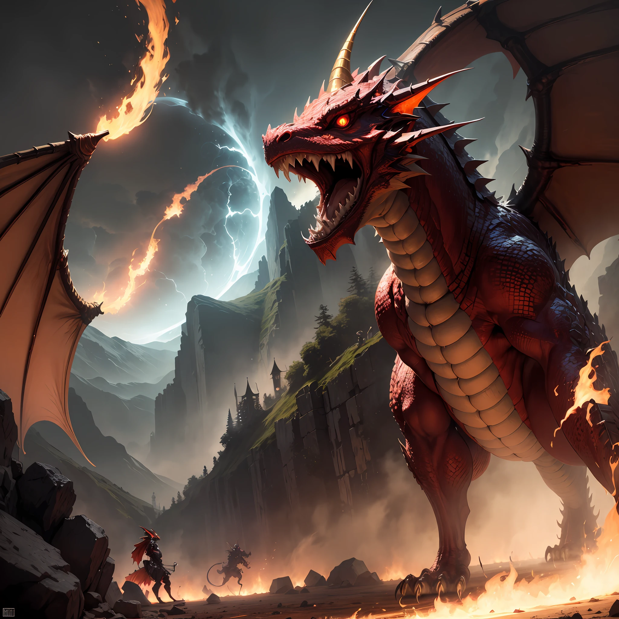 Guerreiro lutando contra, Scary red giant dragon releasing blood
