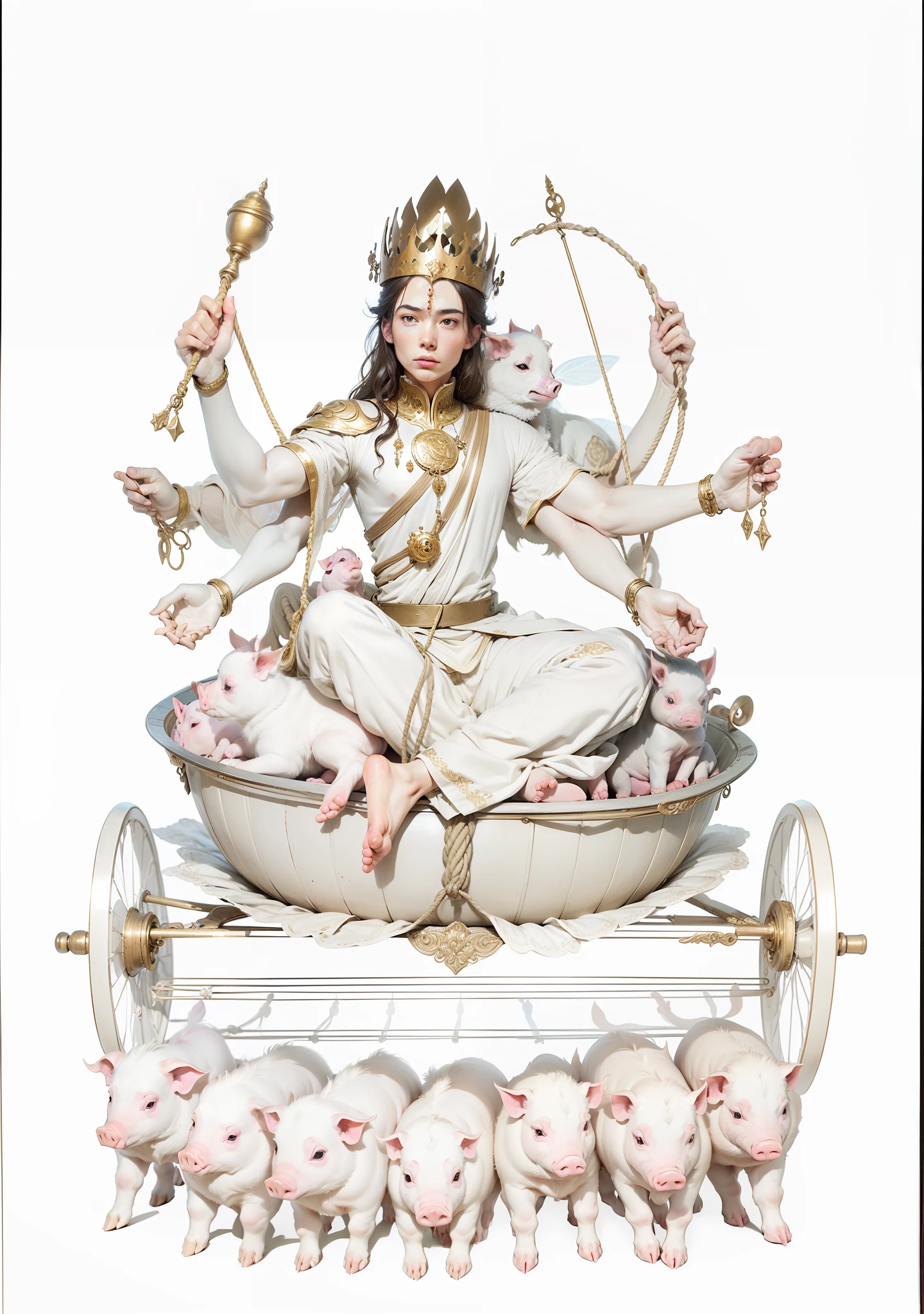 Beautiful fairy plate sitting on a lotus seat，Wearing a golden crown on his head，Each of the six arms holds a magic weapon，Both feet barefoot，Seven piglets with ropes tied to their backs，The trolley has two wheels，The human body is structurally accurate，The background has a round light，Clear and clean sky，