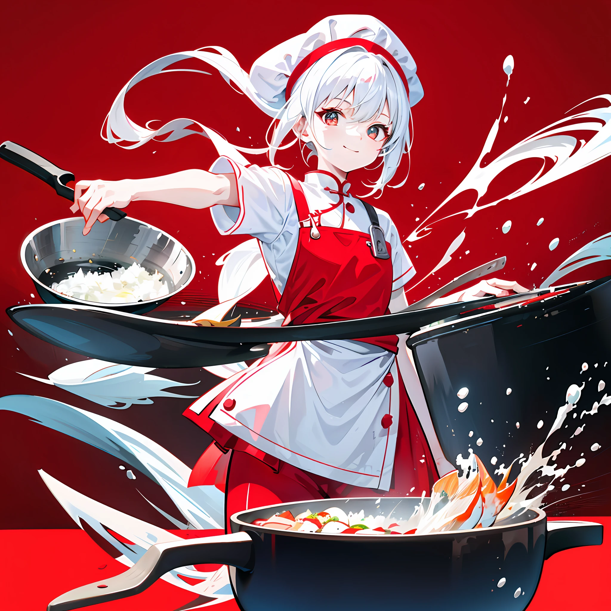 Junior chef wielding a spatula,quadratic element,red colour,white colors,happy laughing,Confident eyes,There is a fish in the pot,Picture tension,Cooking,cook,Elevation perspective,k hd,clean backdrop,Refer to the Chinese Little Master,Port wind