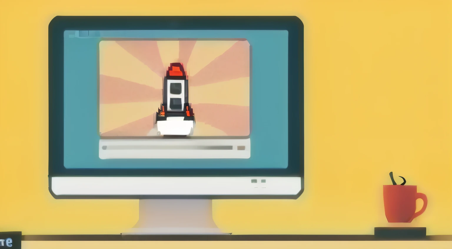 Close-up of a computer monitor,On the table was a coffee cup, video animation, YouTube video screenshots, simple 2d flat design, digital 2d animation, stop-motion, animation illustrative style, corporate animation style, flat 2 d design, motion design, Flat illustration, inspired by Emiliano Ponzi, stop-motion, Flat vector art, flash animation --auto