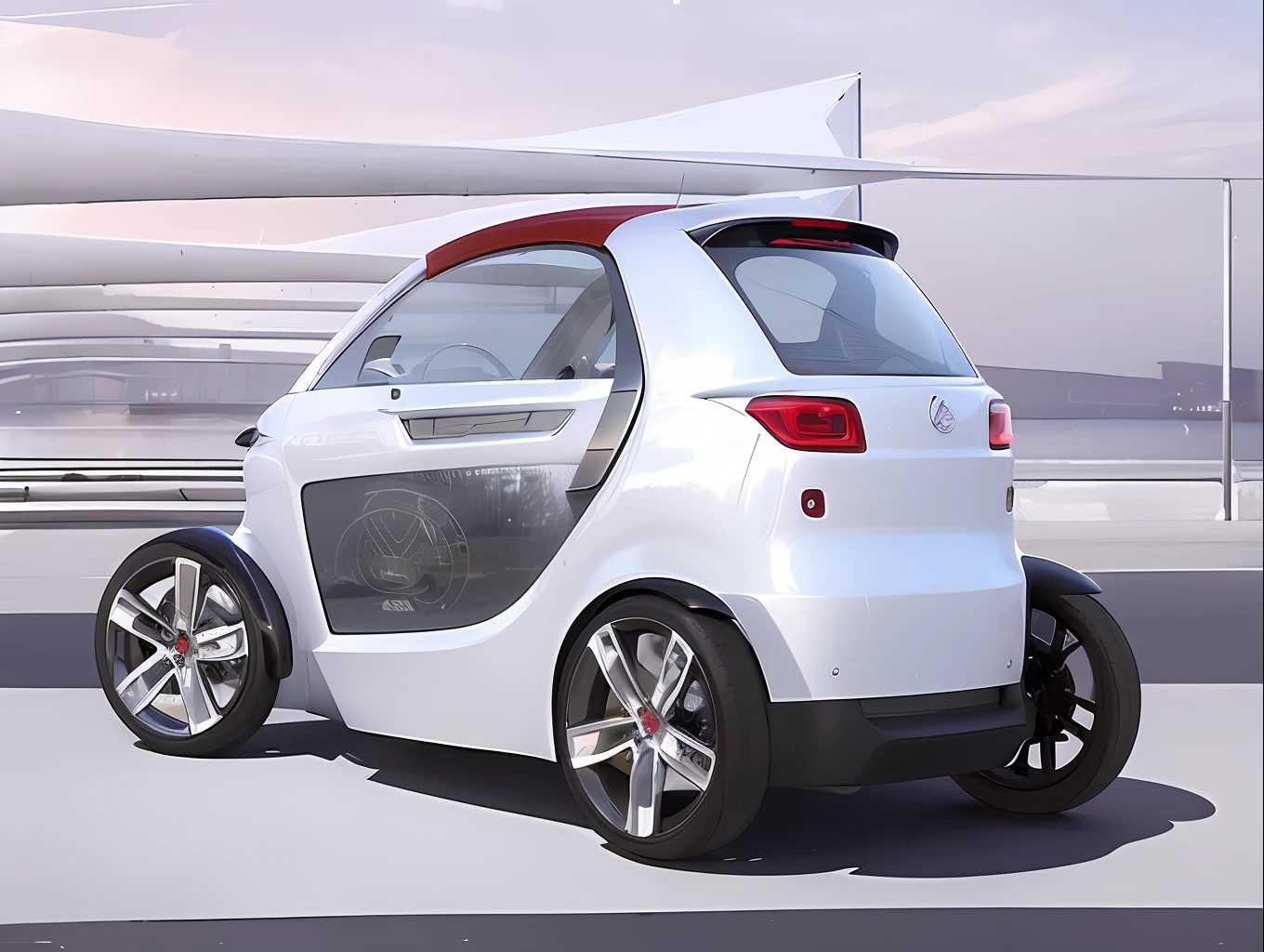A white cart with a red roof on the road, Smart, Futuristic concept car, kama russian electrocar, hand painted style