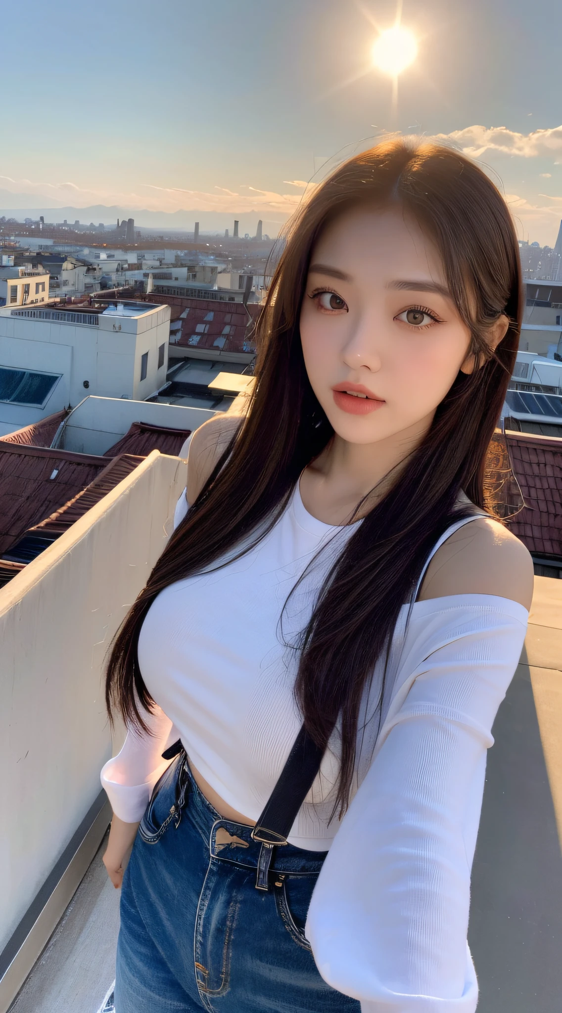 ((Midnight, Best quality, 8k, Masterpiece :1.3)), Whole body, Long legs, Sharp focus :1.2, A pretty woman with perfect figure :1.4, Slender abs :1.1, ((Dark brown hair, Big breasts :1.2)), (White tight tshirt, Jean bib, Standing:1.2), ((Night city view, Rooftop:1.3)), Highly detailed face and skin texture, Detailed eyes, Double eyelid, sunset, darken, backlit, off shoulder
