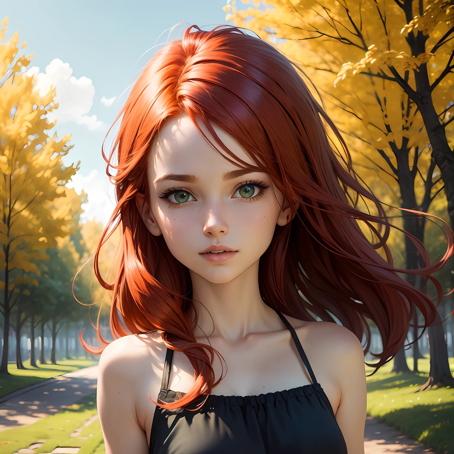 best qualtiy, tmasterpiece, Red hair, A girl, exteriors, The upper part of the body, Realistis, Floating hair, Detailed face,springtime,Green trees,Sunshine --auto
