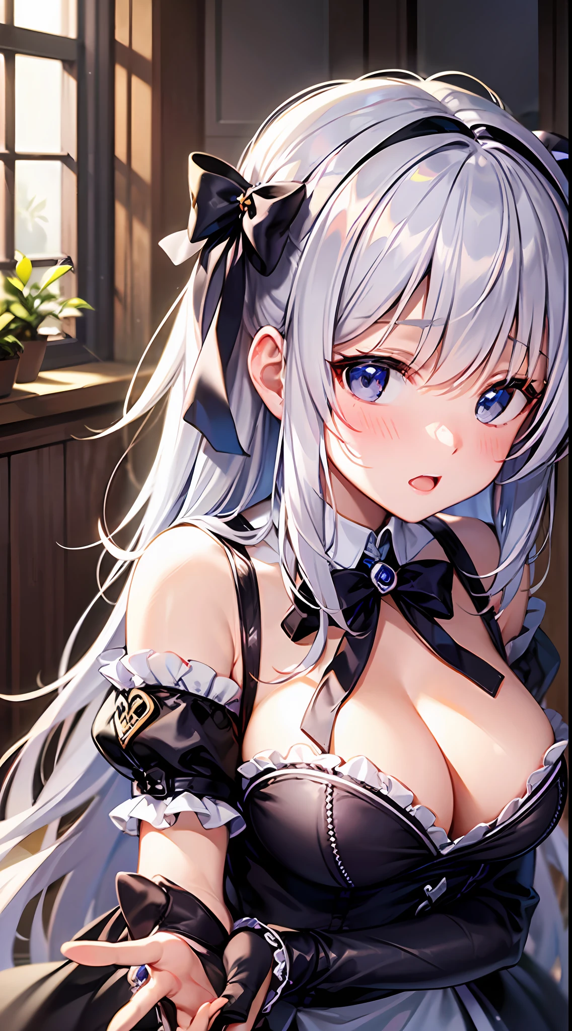 Best Quality, ultra-detailliert, Illustration, silber hair, Aimei, embarrassed from,breastsout,perspiring,Rough breath,Maids