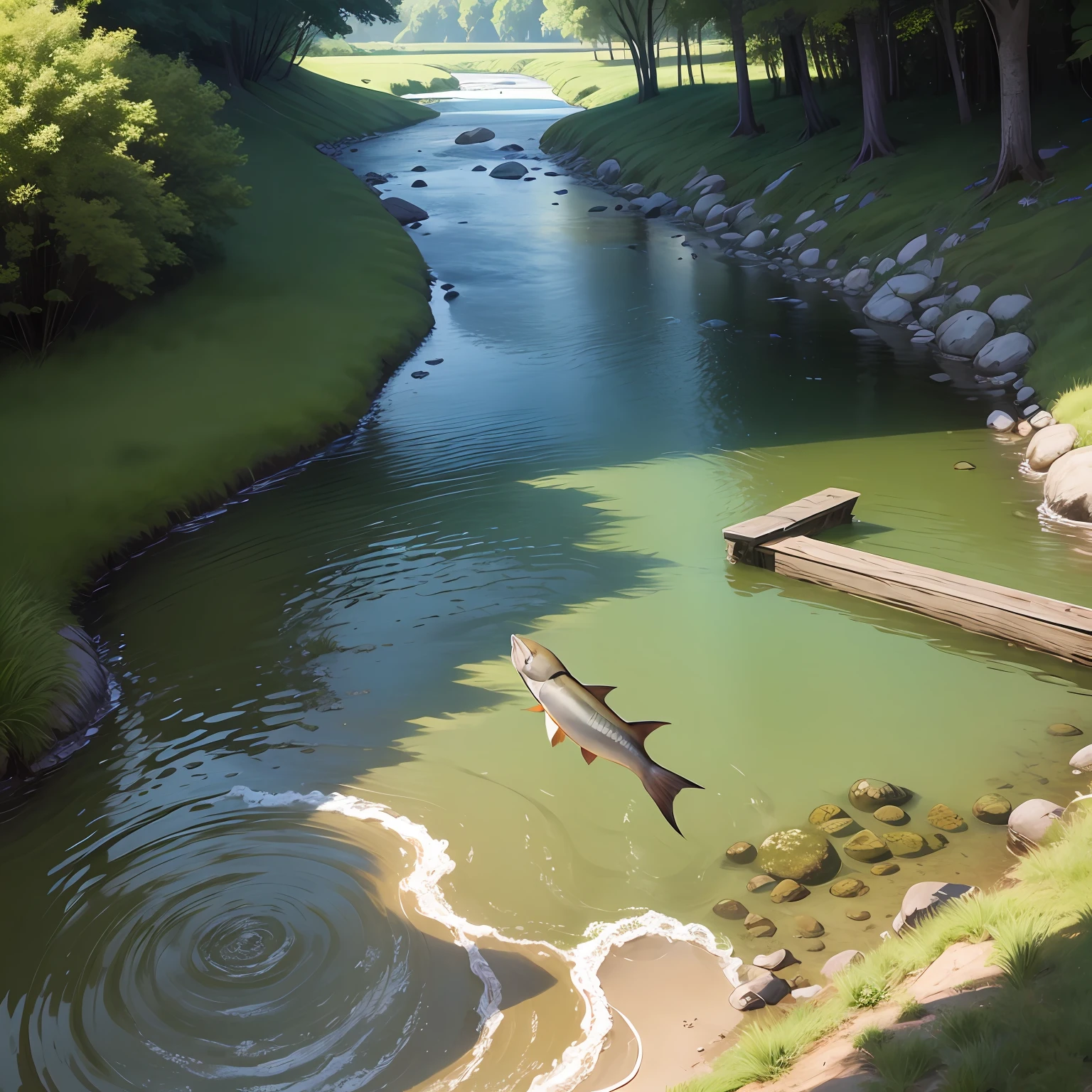 A small meandering river，There are a lot of schools of fish flying in the air on it --auto