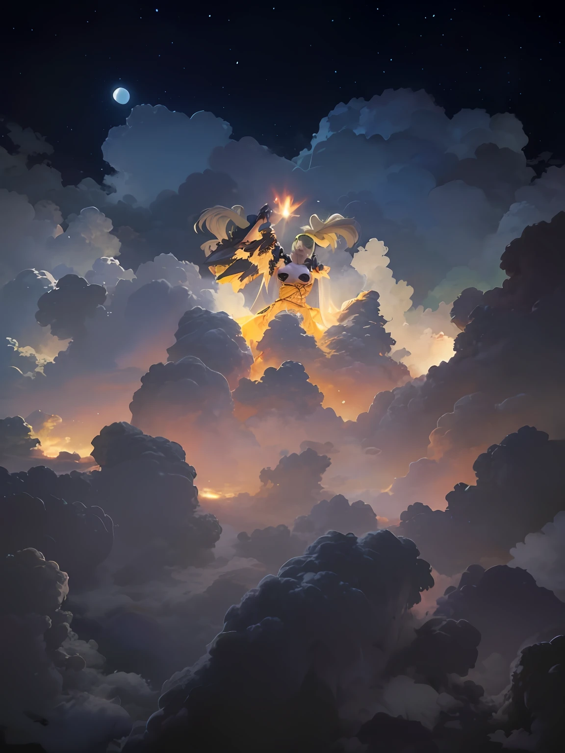 (((tmasterpiece))),Highest image quality, CG unity 8k wallpaper with extreme detail,The best illustration,An extremely delicate and beautiful picture,Floating,A high resolution,Dynamic angle,Dynamic pose,(1个Giant Girl),eBlue eyes,(O cabelo multicolorido+Silvery hair:1.3+red tinted hair:1.2+Purple colored hair+Yellow hair:1.3+Green hair:1.3),White martial arts costume,Tie straps,beautiful countenance,Too many droplets,Clouds,at dusk at golden hour,wide - angle shot,Watercolor style,Clouds