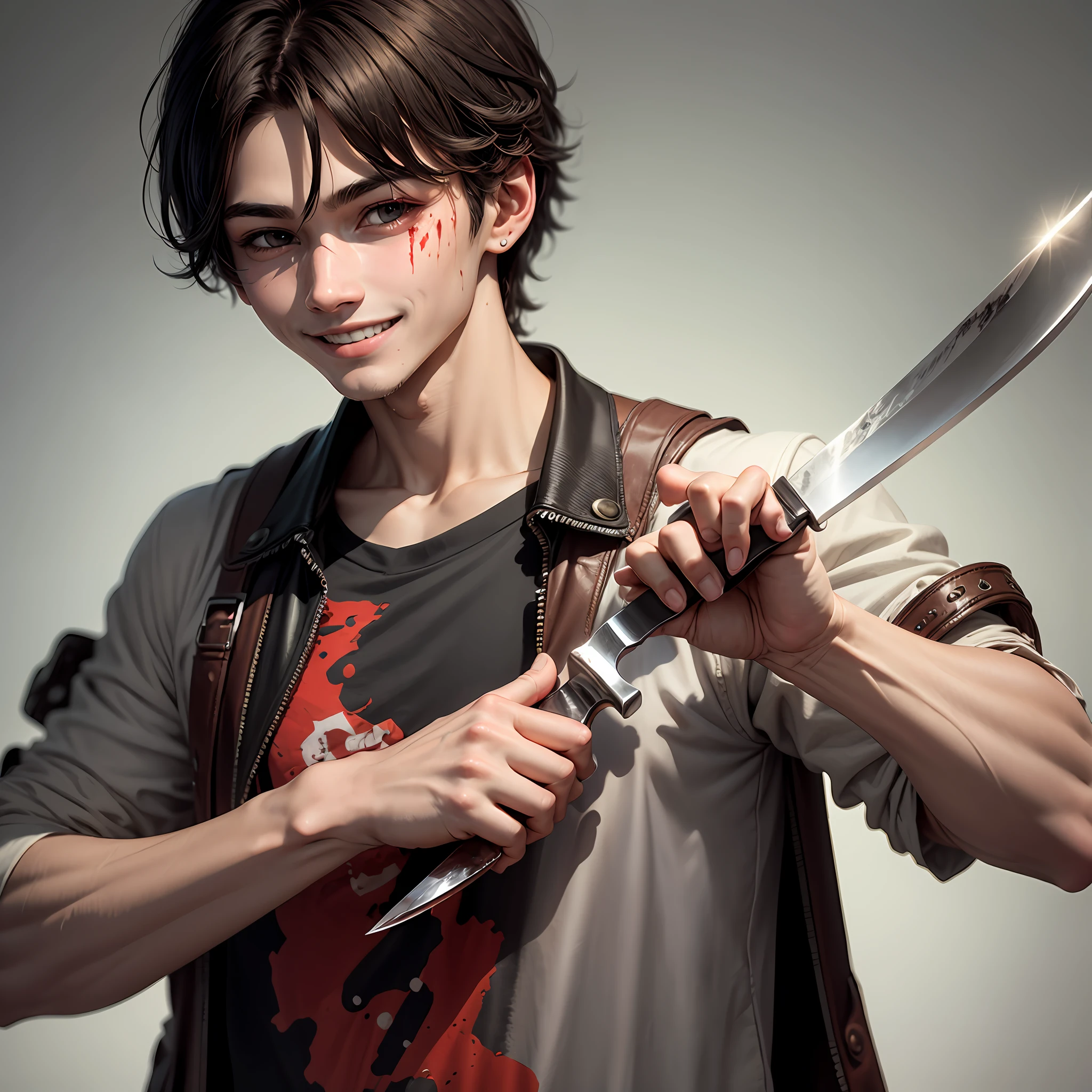 Smiling boy holding a knife with bloody clothes --auto