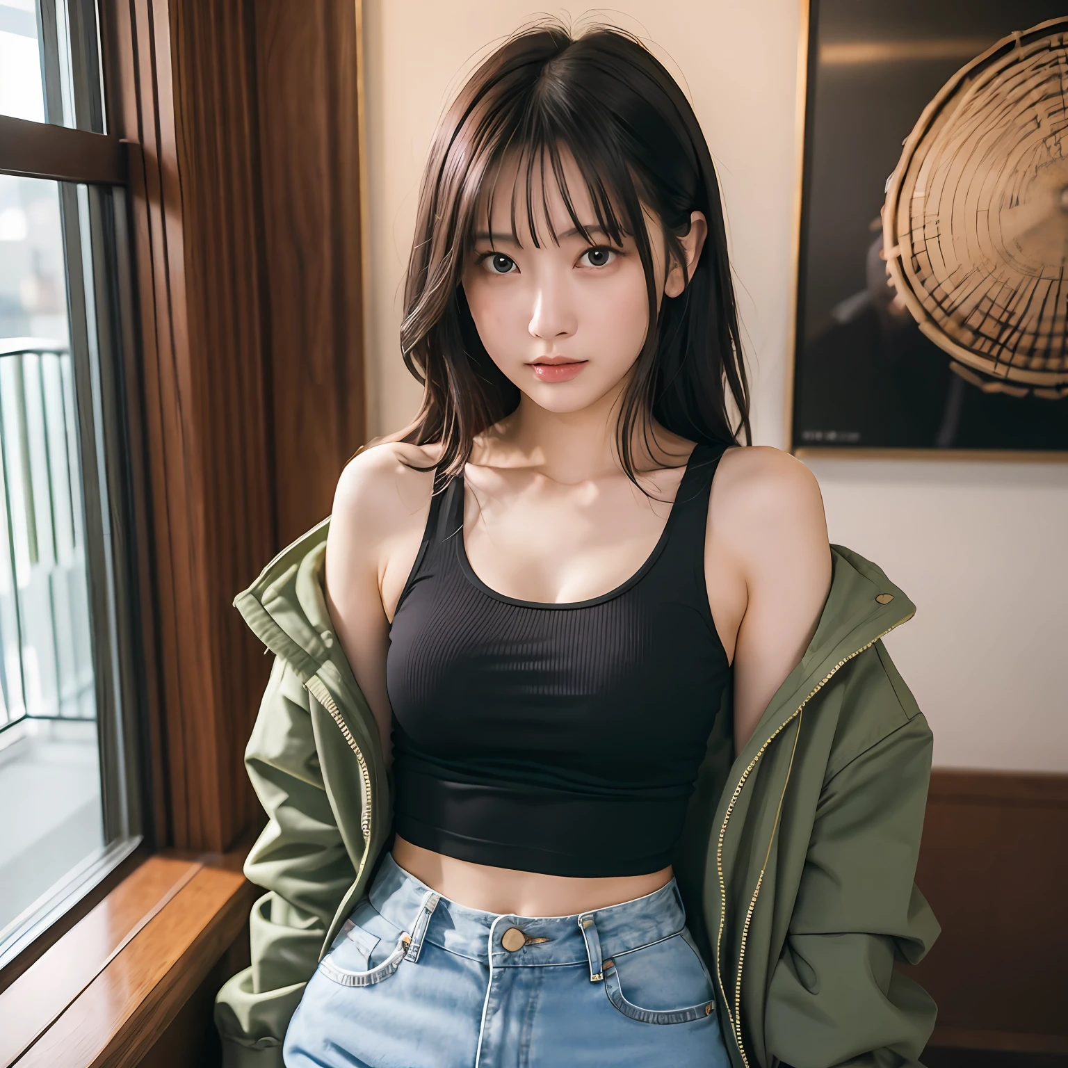 (in 8K, Raw photo, 超A high resolution, Best Quality, masutepiece:1.2), (realistic illustration), (the Extremely Detailed CG Unity 8K Wallpapers), absurderes, 1 girl in, 18 yo, Beautiful face,medium breasts, Black medium hair, embarrassed, Upper body, Slim Fit Pants, Pink tank top, at hotel, Upper body, 乃木坂アイドル, 女優