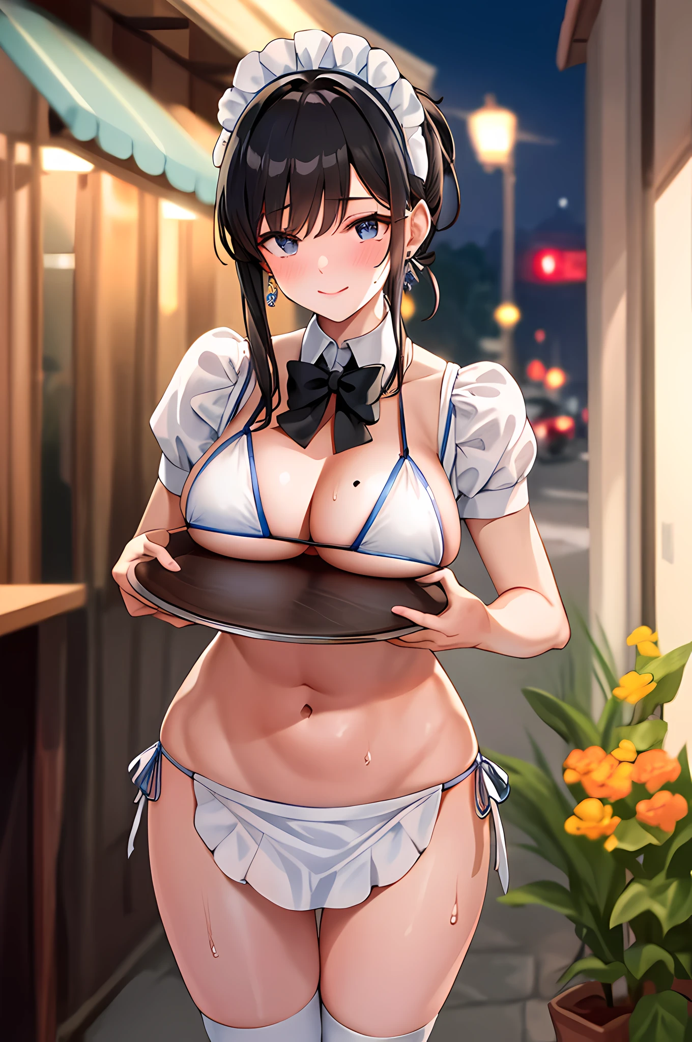 Realistic, Masterpiece, Top Quality, (Detailed Eyes), One High School Girl, Huge breast, Sweat, night, outdoor, bustling restaurant, micro bikini tucked in, string only micro bikini, ponytail, earrings,  white apron,  puffy short sleeves, between breasts, small tray, mole on breast, center opening,  bow tie, pelvis curtain, (wide hips), shy smile, embarrassed, (look up), short maid skirt, maid headdress, cream on boobs