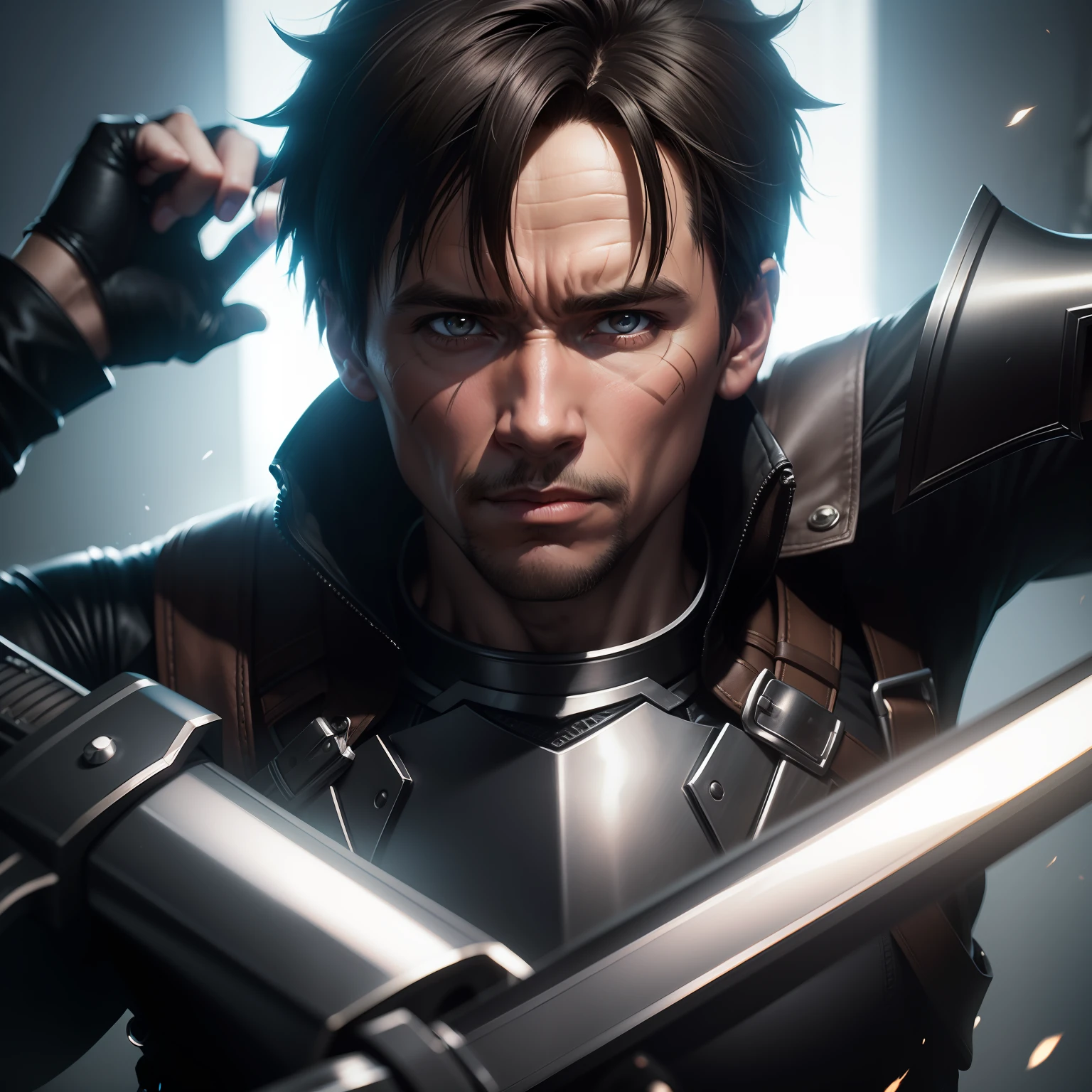 Retrato de Arnold Schwarzenegger kirito sword art online, detalhes intrincados, perfect features, Dramatic, Cinematic lighting, Highlight lighting, SSAA, smooth rendering, no noise --testp --ar 2:3 --video --no lazy prompts