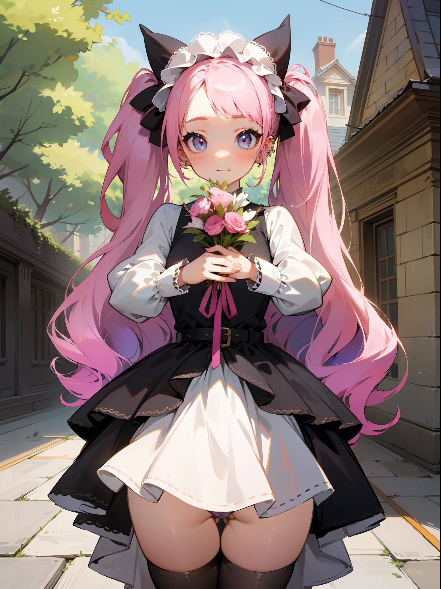 master piece, hyper quality, Hyper Detailed, Perfect drawing,1girll,Loose and fluffy hair、drills twintails、Pink hair、Big eyes with double eyelids、lofty nose、blusher(0.2)、Small mouth、ear piercings、ta Fashion、Clothes with lots of lace and frills、a miniskirt,{{{knee high socks(:1.5),(garterbelts)}}}、(((Wrapped、Bundled with ribbons、Holding a large bouquet))), butt sticks out, Big round buttocks, Standing figure, ((Panties are visible)), (((Luxury panties)))、Embarrassing、ssmile, outside of house、blue-sky、Summer colors、Sunlight、Shooting from diagonally below, portlate、Background, meticulous drawing, Accurate drawing.