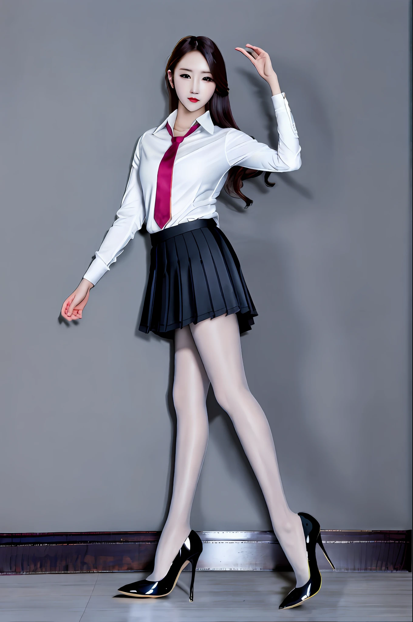 Best quality,masterpiece,ultra high res,a pair of ggx heels,1girl,white shirt,necktie,black pleated skirt,pantyhose,