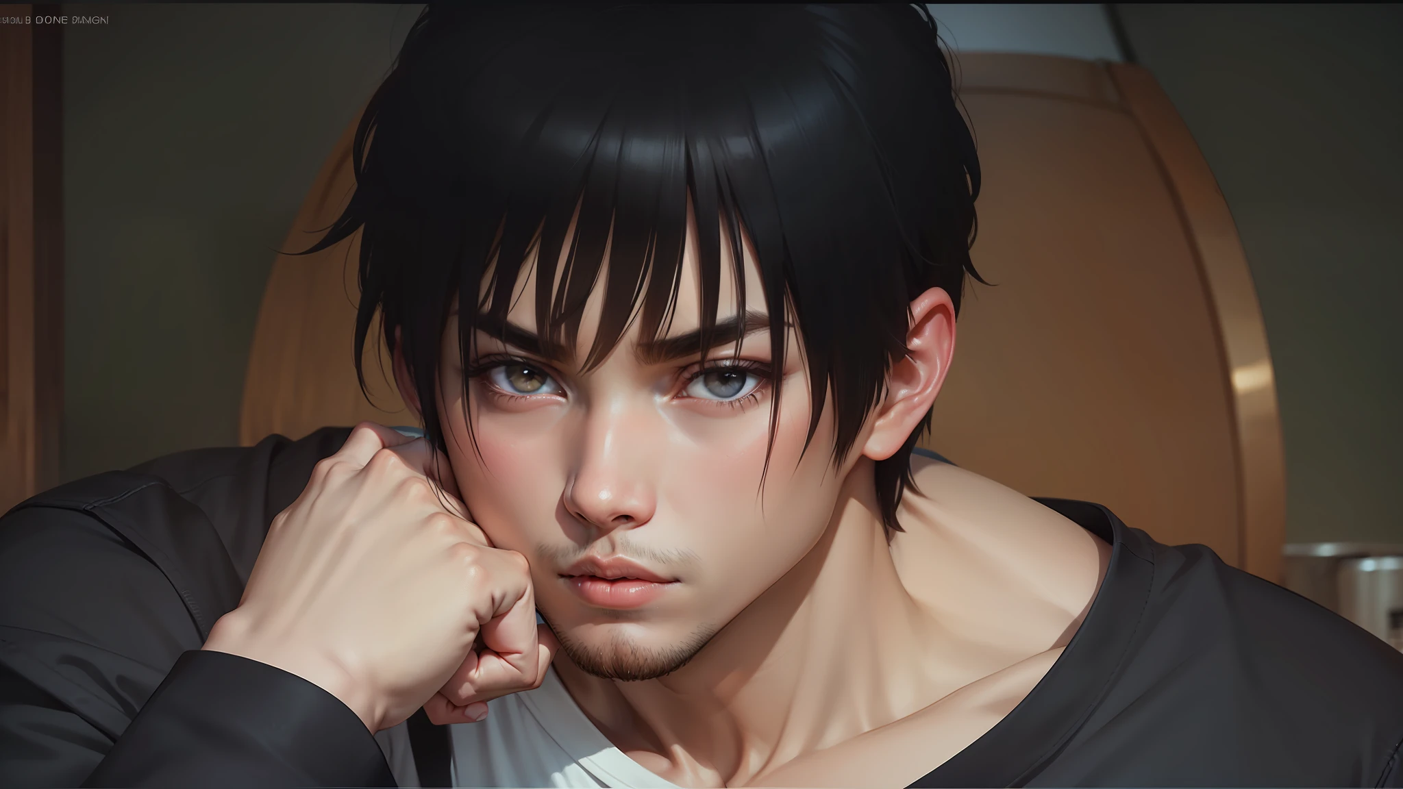 Boy, Adults, slanted eyes, ignorant, long sleave t shirt,Fist touches chin,Hands are clearly visible