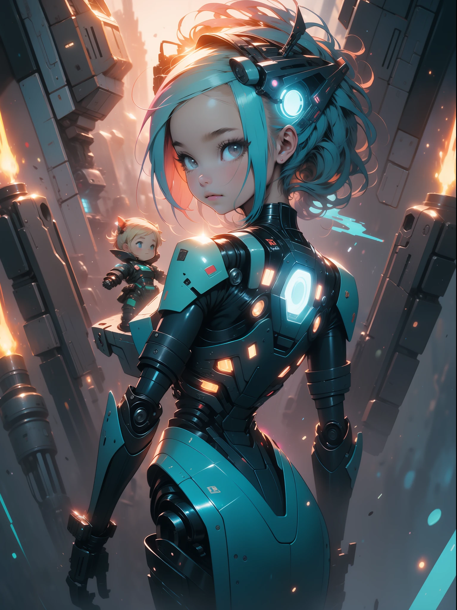An eccentric little girl who plays with her own essence，Wearing a futuristic wearable mech exoskeleton，Back ion fusion device，Handheld plasma fusion emits pale blue pulses，countenance，chiquita，annie，Small，