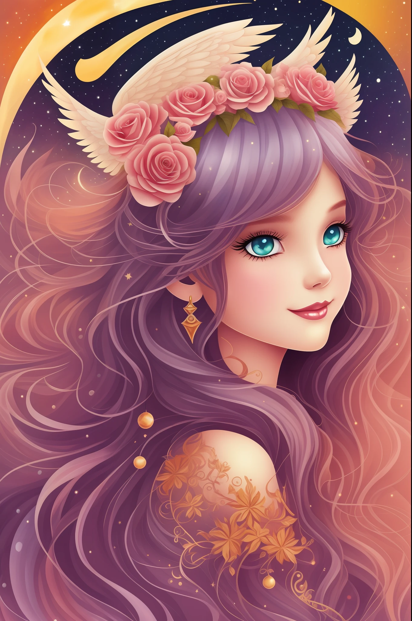 Watercolor beautiful magical, beautiful Mystic Goddess, flowing heart, vintage frame, with angel wings, smile, feathers, stars, roses, moon, facing side, fantasy illustration, perfect face, with beautiful face and with stars, beautiful light hair, perfect eyes, gold light, vivid vibrant colors, intricate detail, hyper detailed, hyper quality, 32K, unreal engine, isolated on white background, kawaii, clipart, fantasy art