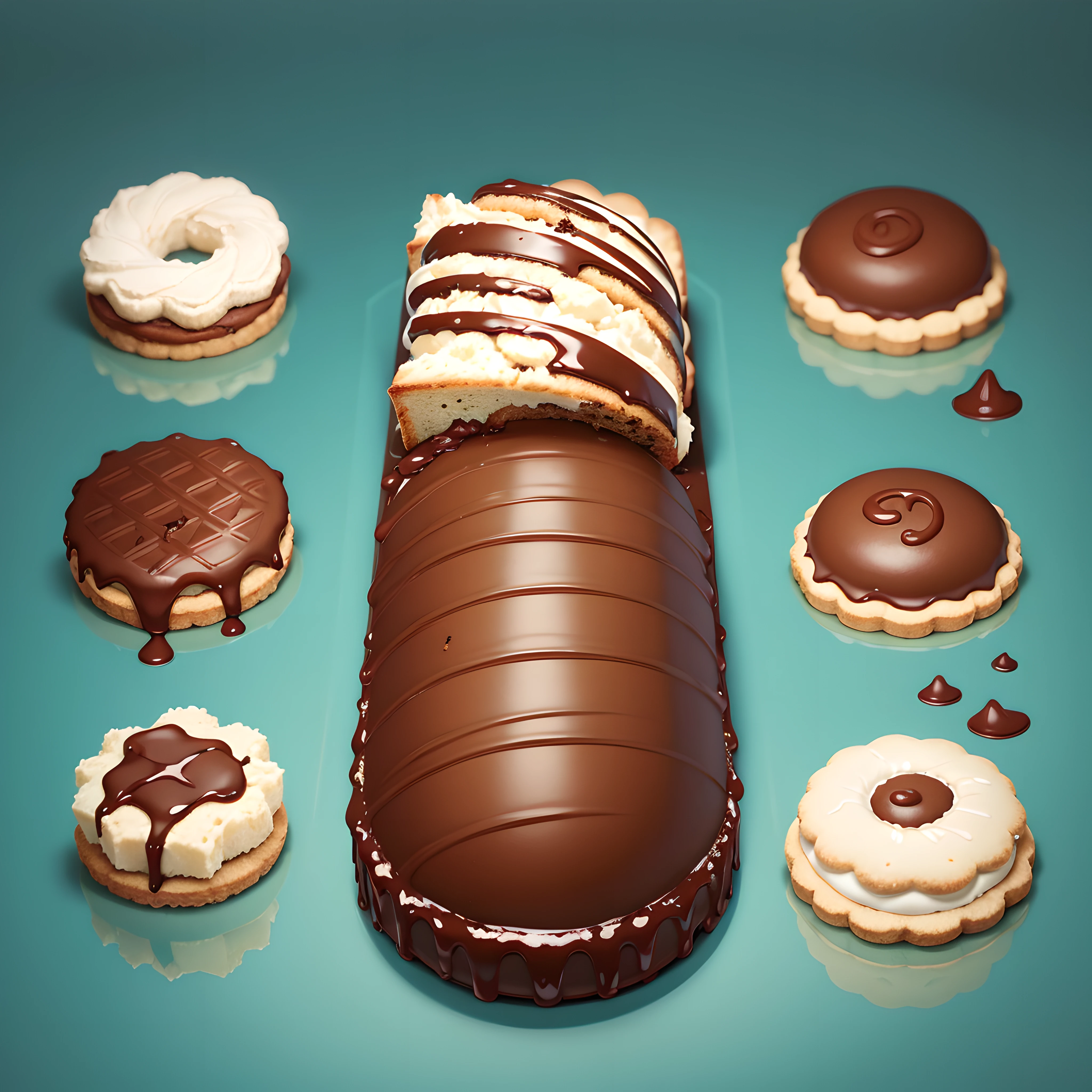Blue background, minimalist, not person, only text, bread, chocolate, choco pie, melted choco